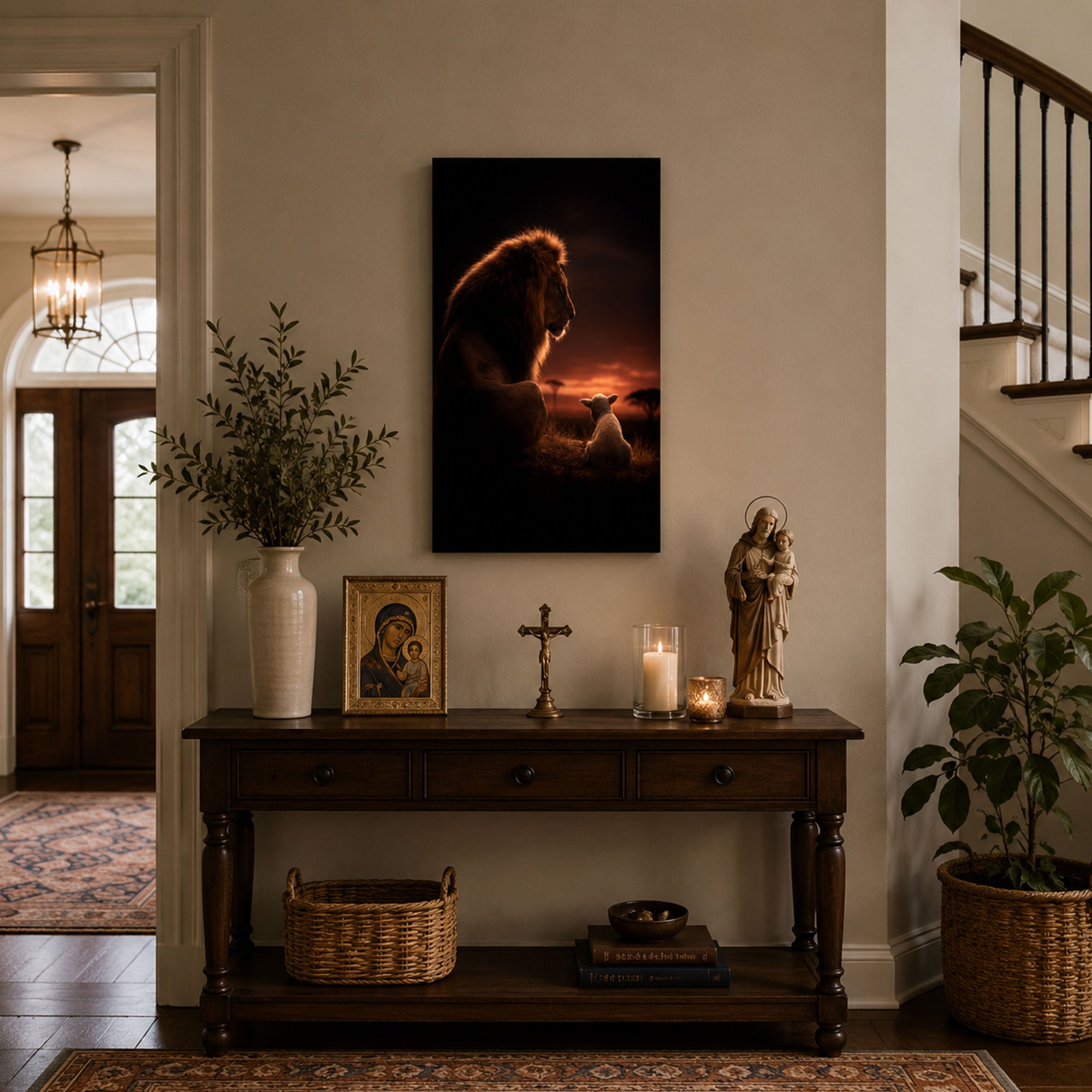 Lion and Lamb at Sunset Canvas Print, Christian Peace and Faith Home Decor