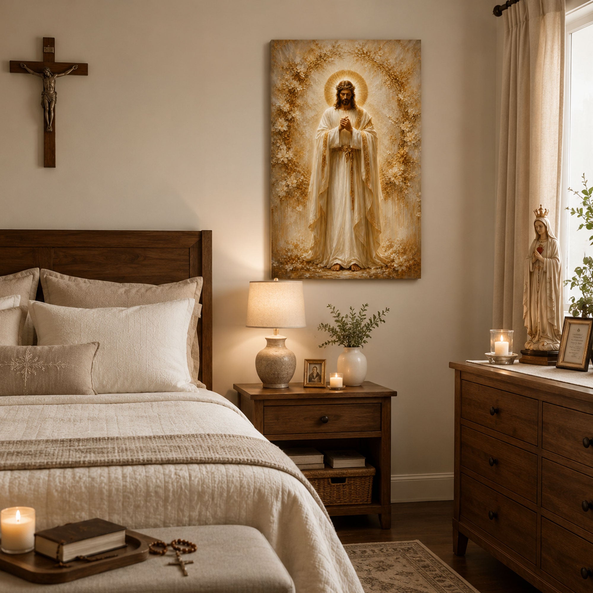 Jesus in Prayer with Crown of Thorns Canvas Print, Catholic Christian Home Decor