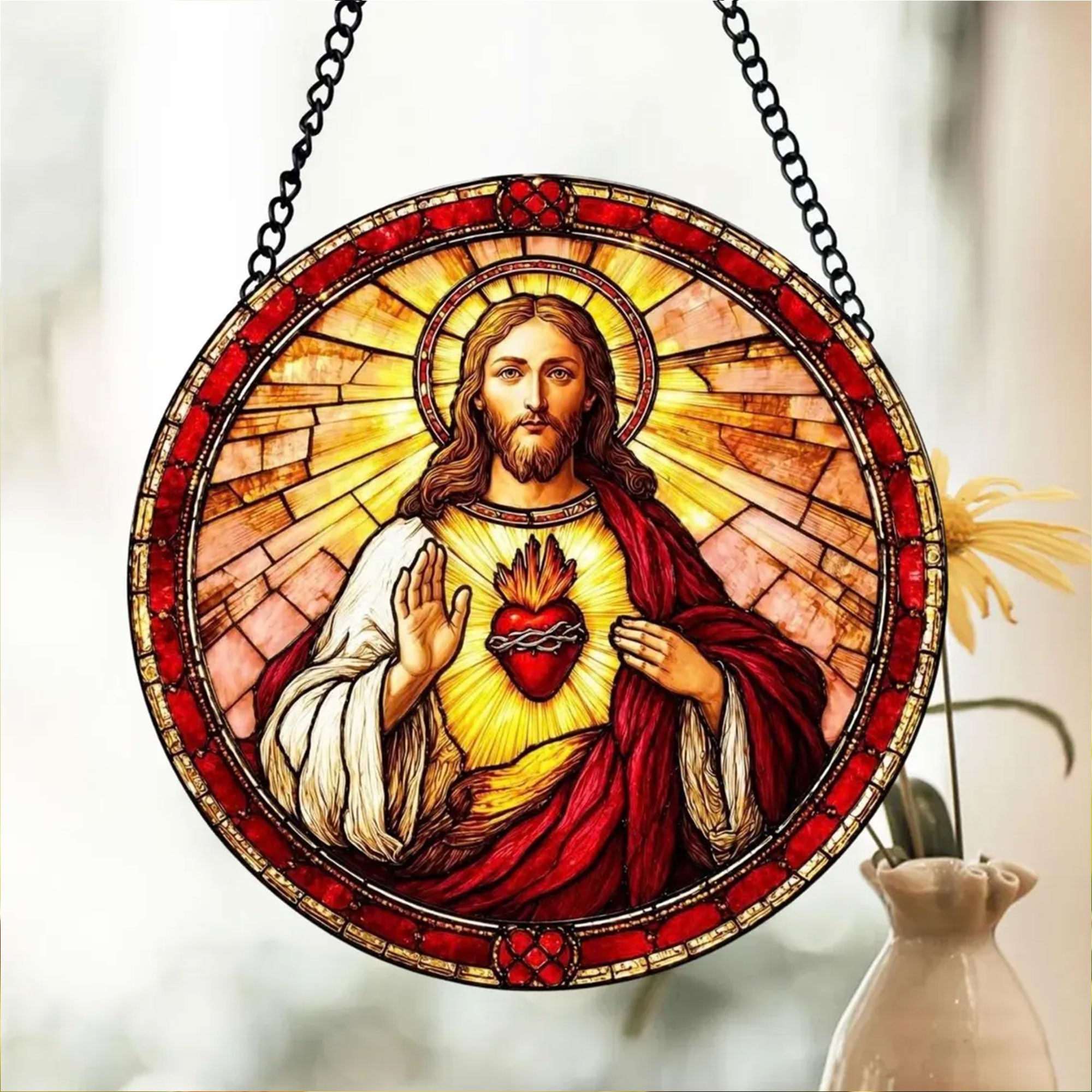 Sacred Heart of Jesus Suncatcher, Catholic Window Hanging, Christian Religious Gift
