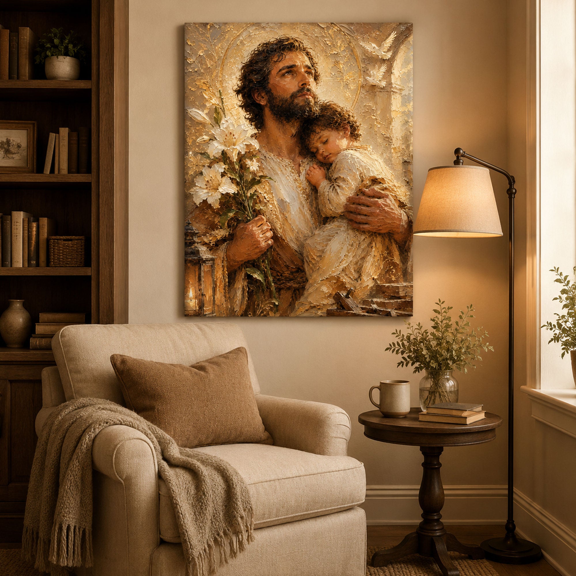 Saint Joseph and Child Jesus Canvas Print, Catholic Wall Art, Christian Home Decor