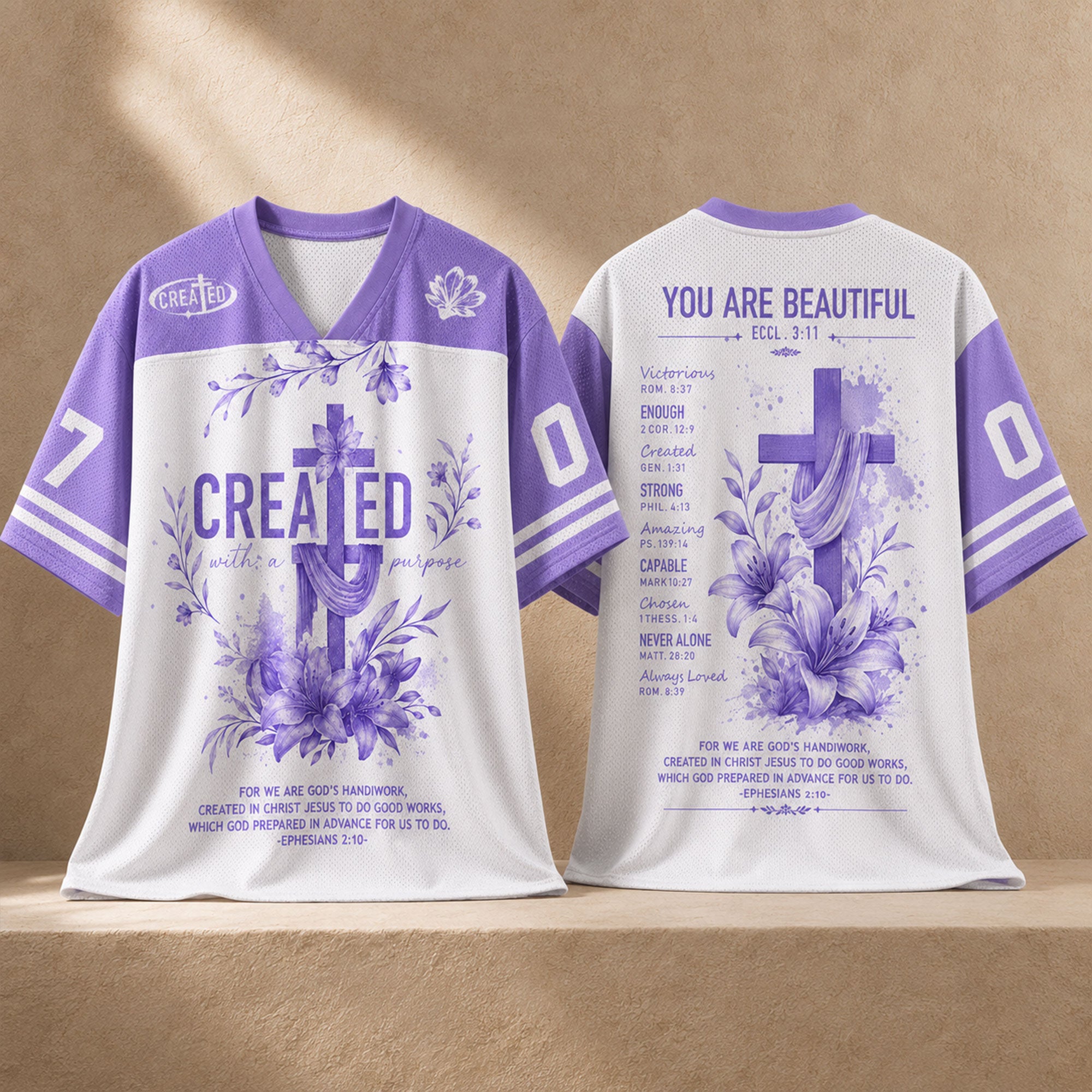 Created with a Purpose Christian Mesh Jersey, Ephesians 2:10 Purple Floral Cross Bible Verse Shirt