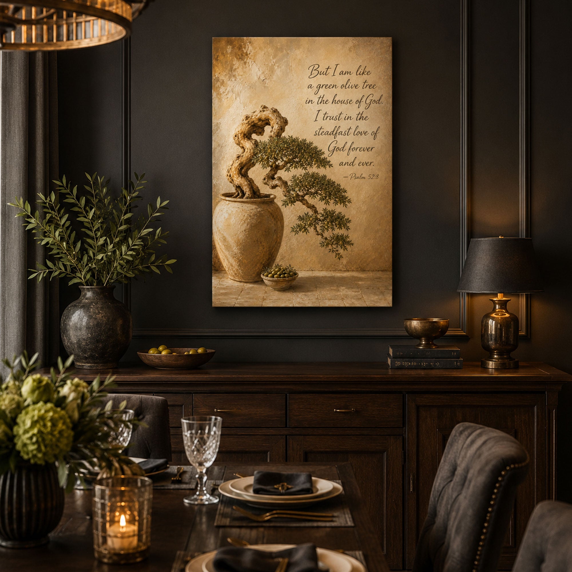 Psalm 52:8 Green Olive Tree Canvas Print, Christian Home Decor