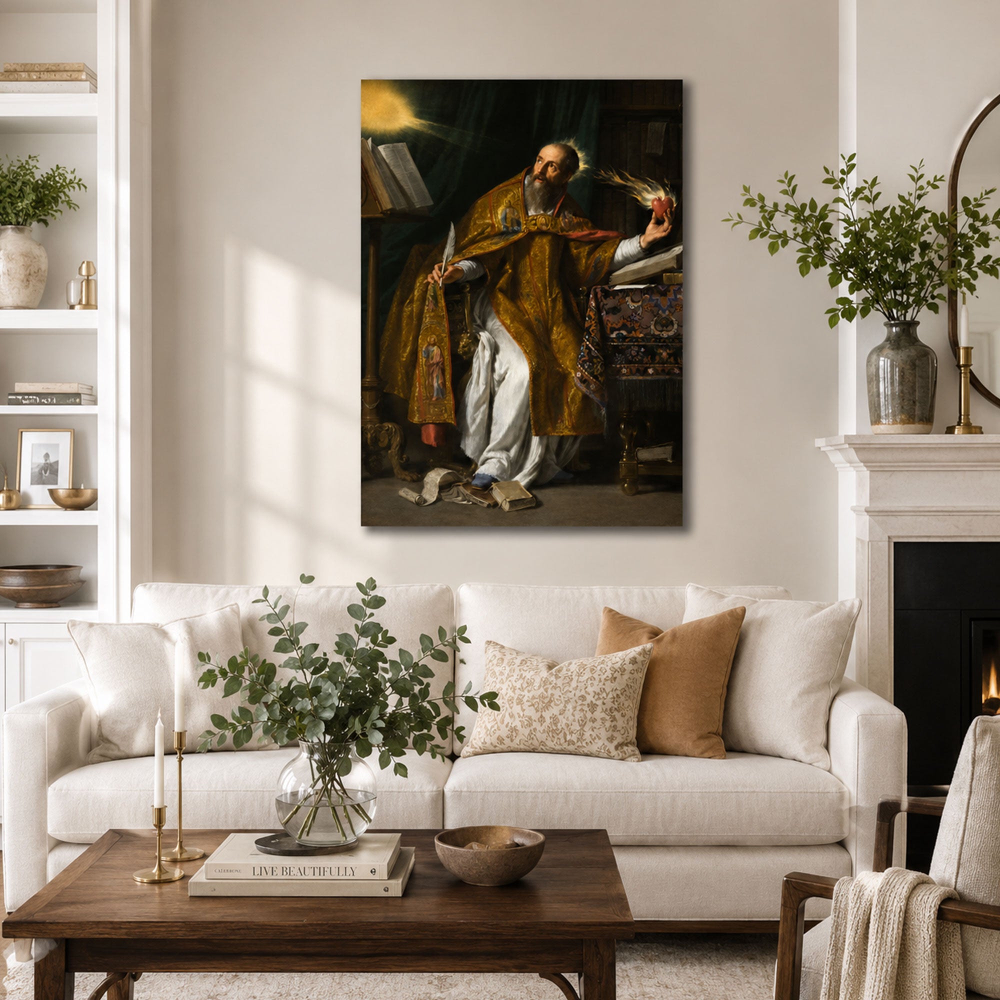 Saint Augustine with Flaming Heart Canvas Print, Catholic Home Decor