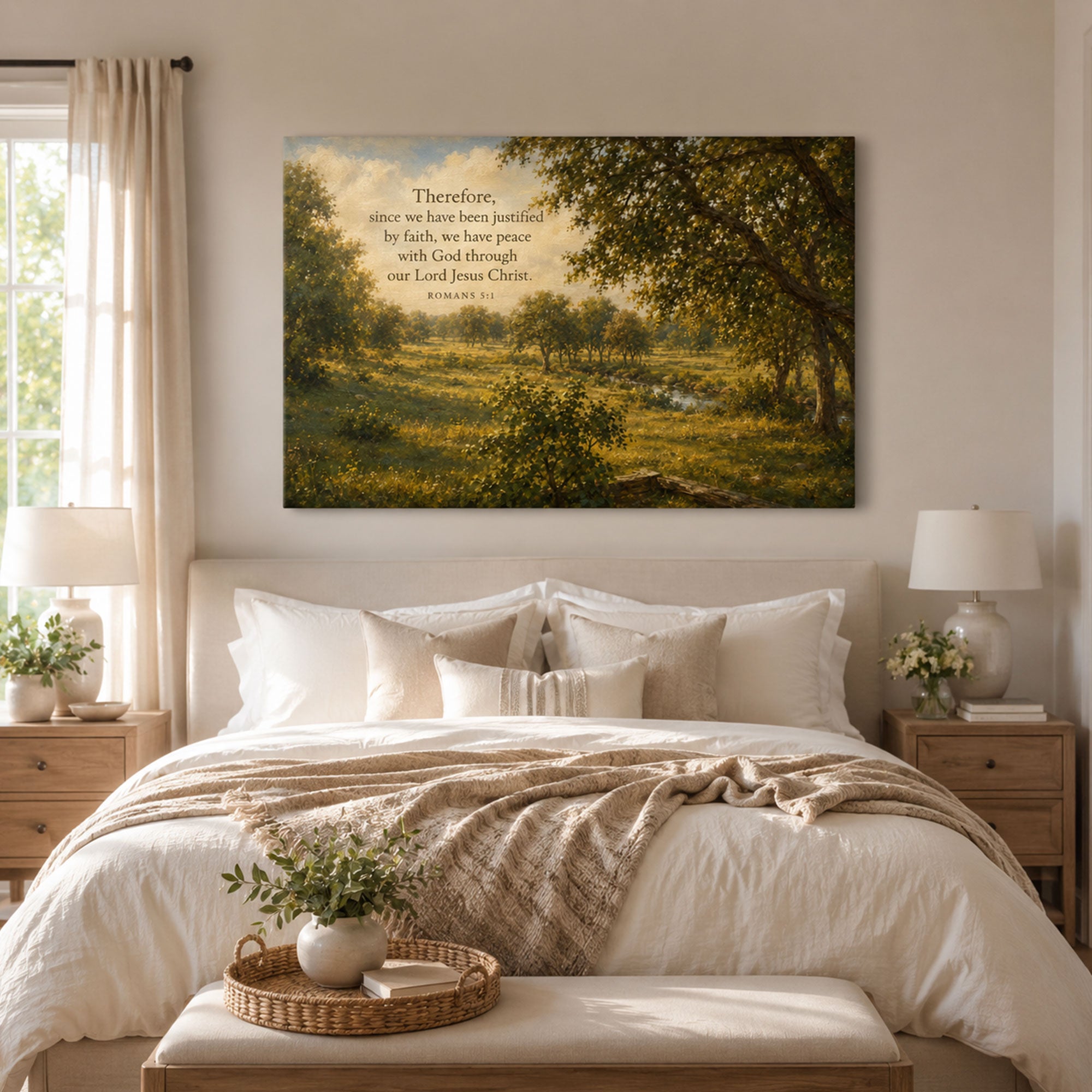 Romans 5:1 Justified by Faith Canvas Print, Christian Home Decor
