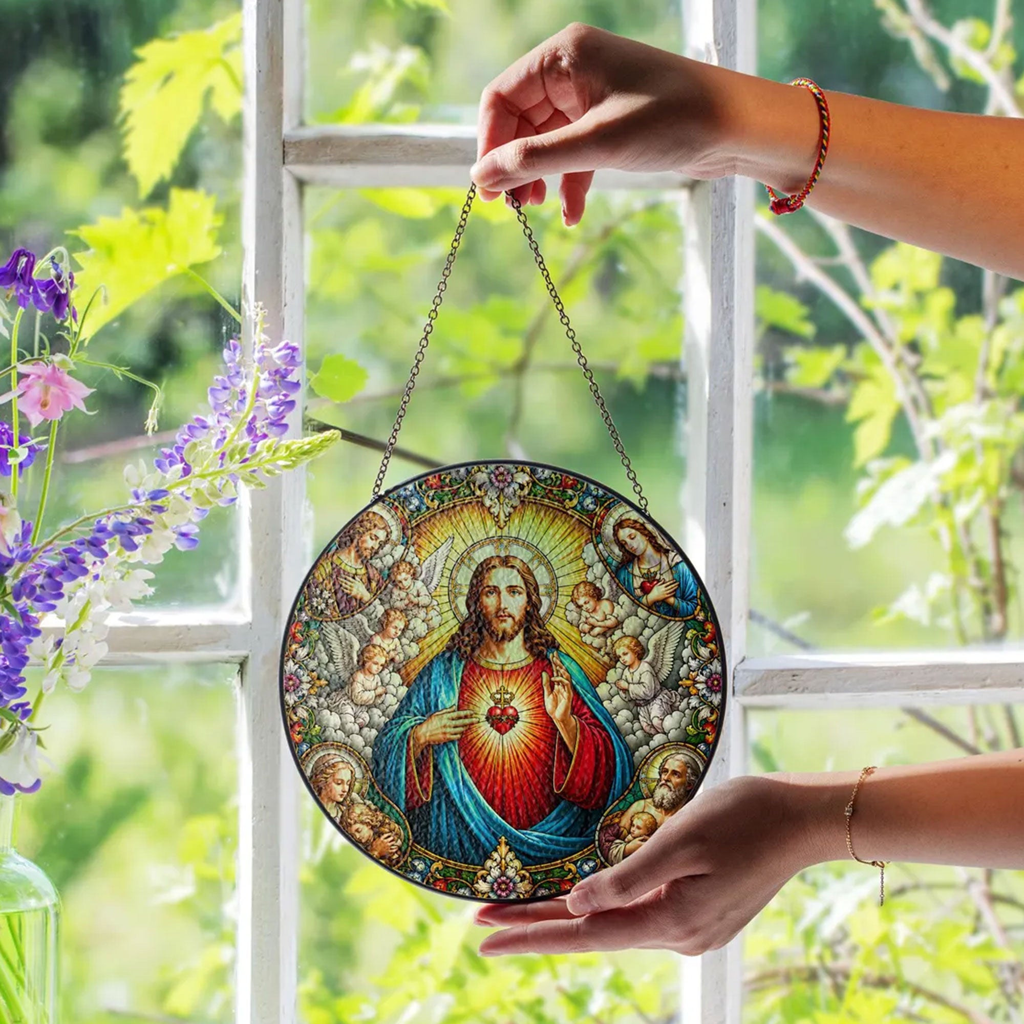 Sacred Heart of Jesus with Angels Suncatcher, Catholic Window Hanging, Christian Religious Gift