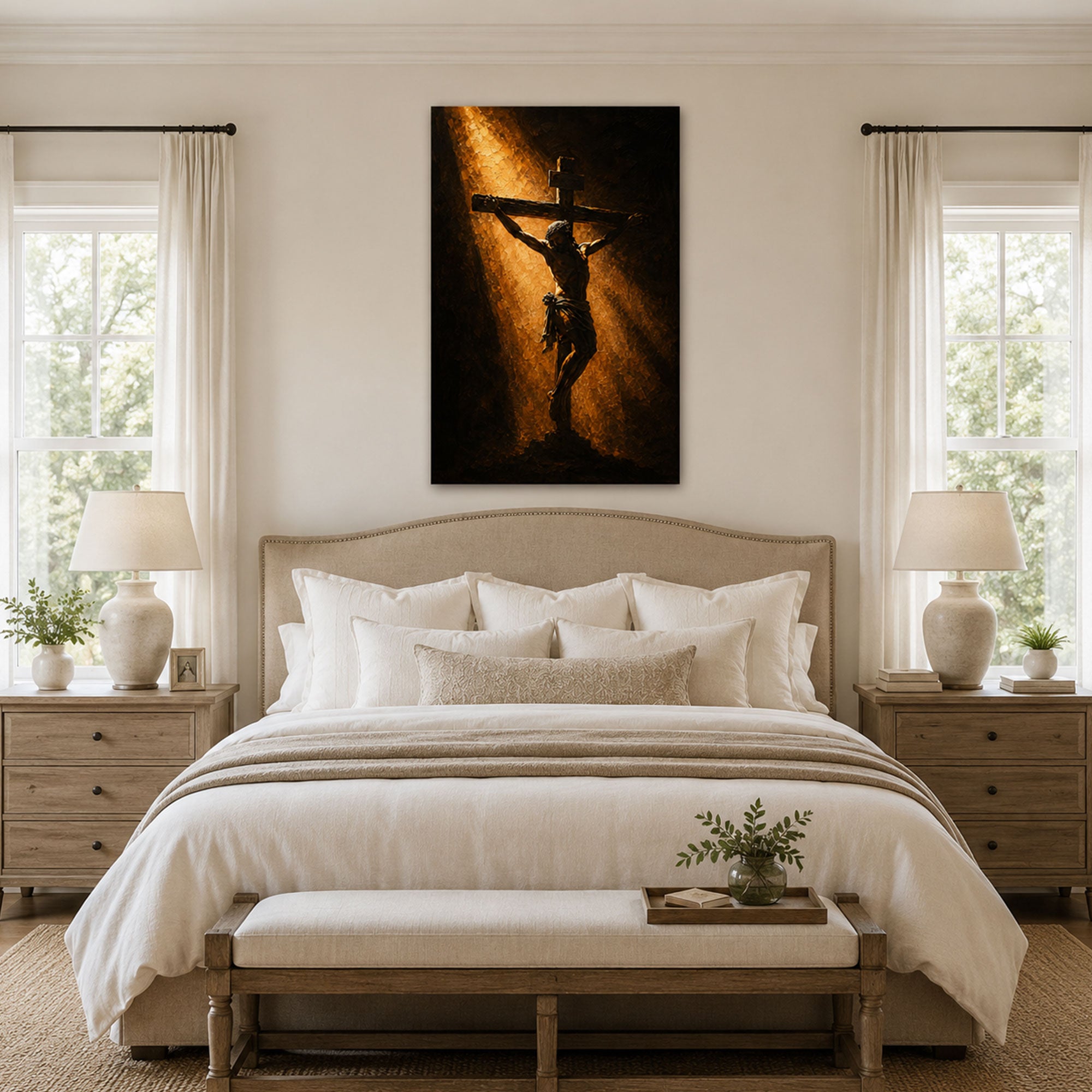 Crucifixion of Jesus in Golden Light Canvas Print, Christian Home Decor