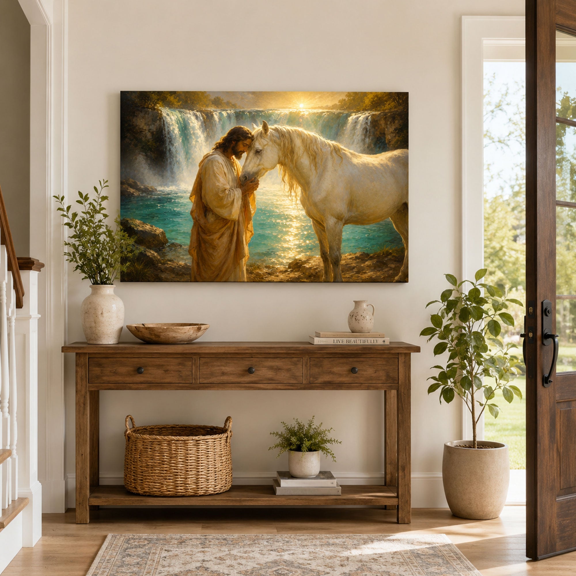 Jesus with White Horse by Waterfall Canvas Print, Christian Home Decor