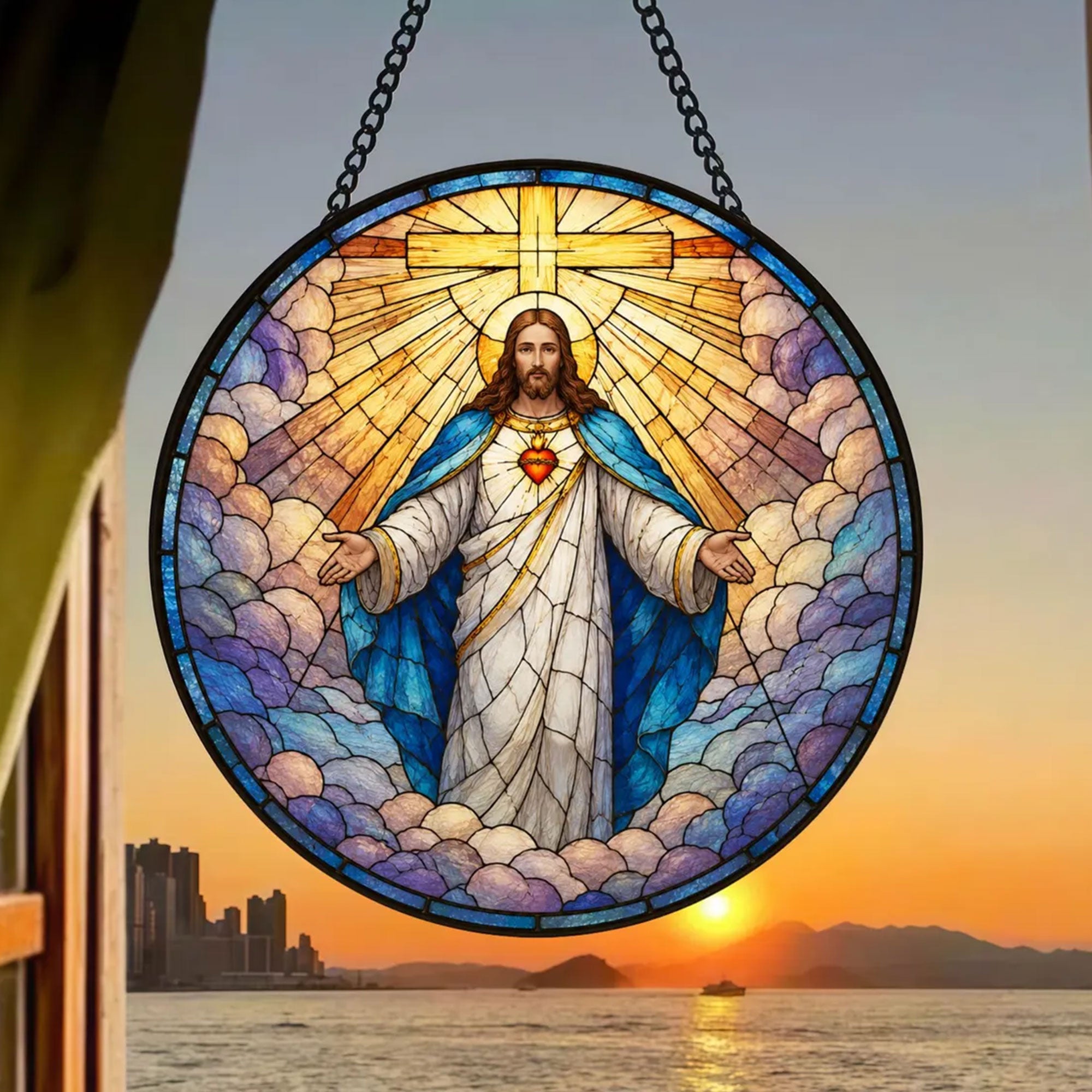 Sacred Heart of Jesus Suncatcher, Radiant Cross Catholic Window Hanging, Christian Faith Decor