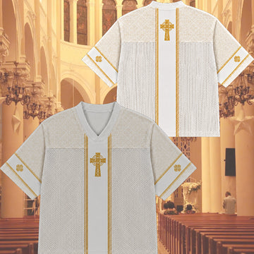 White Gold Celtic Cross Mesh Jersey, Catholic Christian Apparel