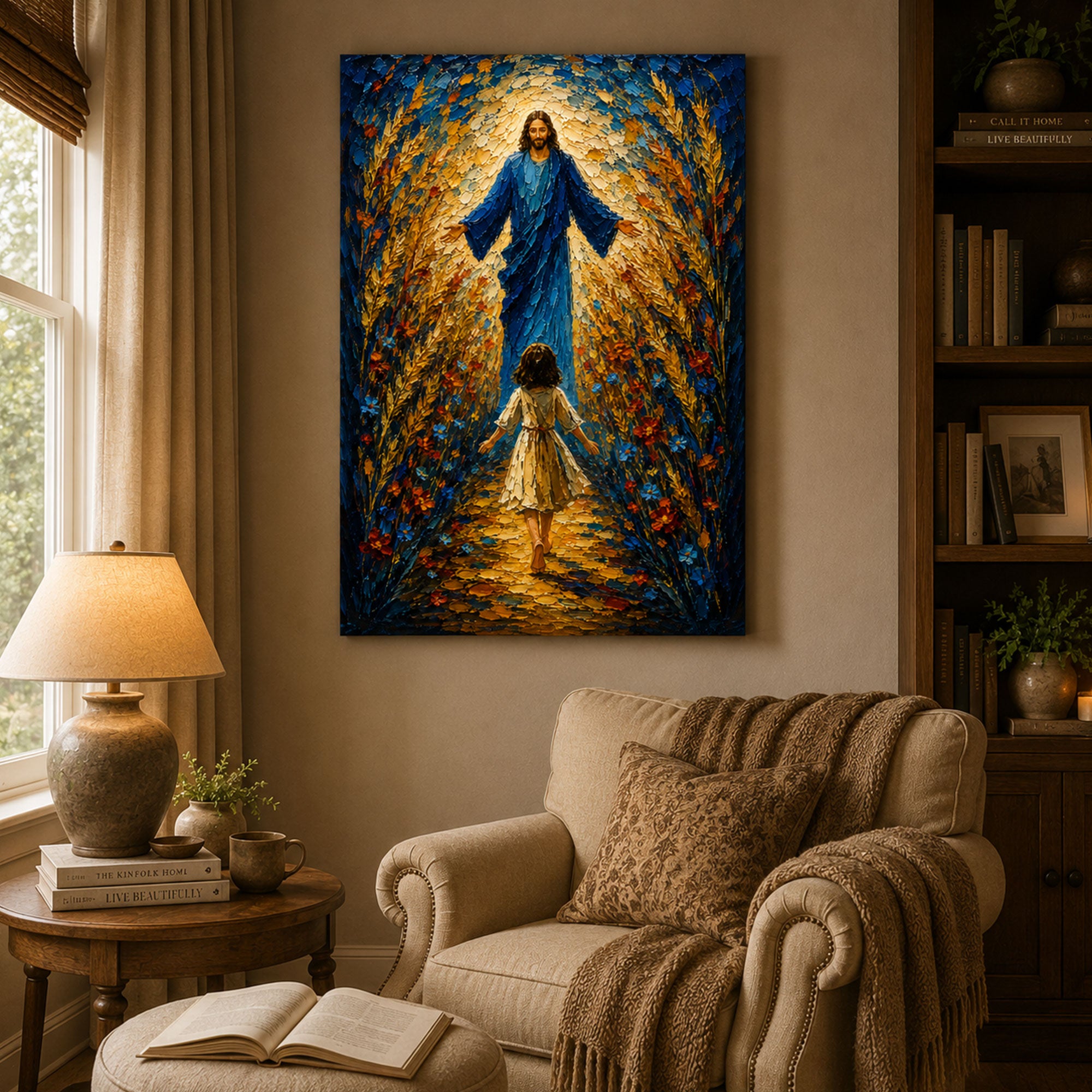 Jesus Welcomes a Little Girl Canvas Print, Christian Child Faith Wall Art, Walk With Jesus Painting, Inspirational Religious Home Decor