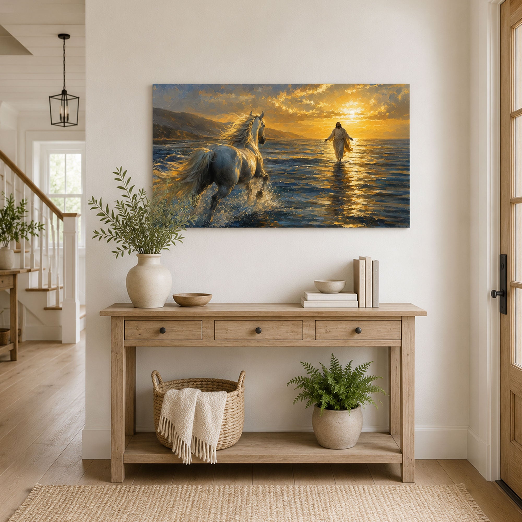 White Horse Running Toward Jesus Canvas Print, Christian Home Decor