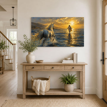 White Horse Running Toward Jesus Canvas Print, Christian Home Decor