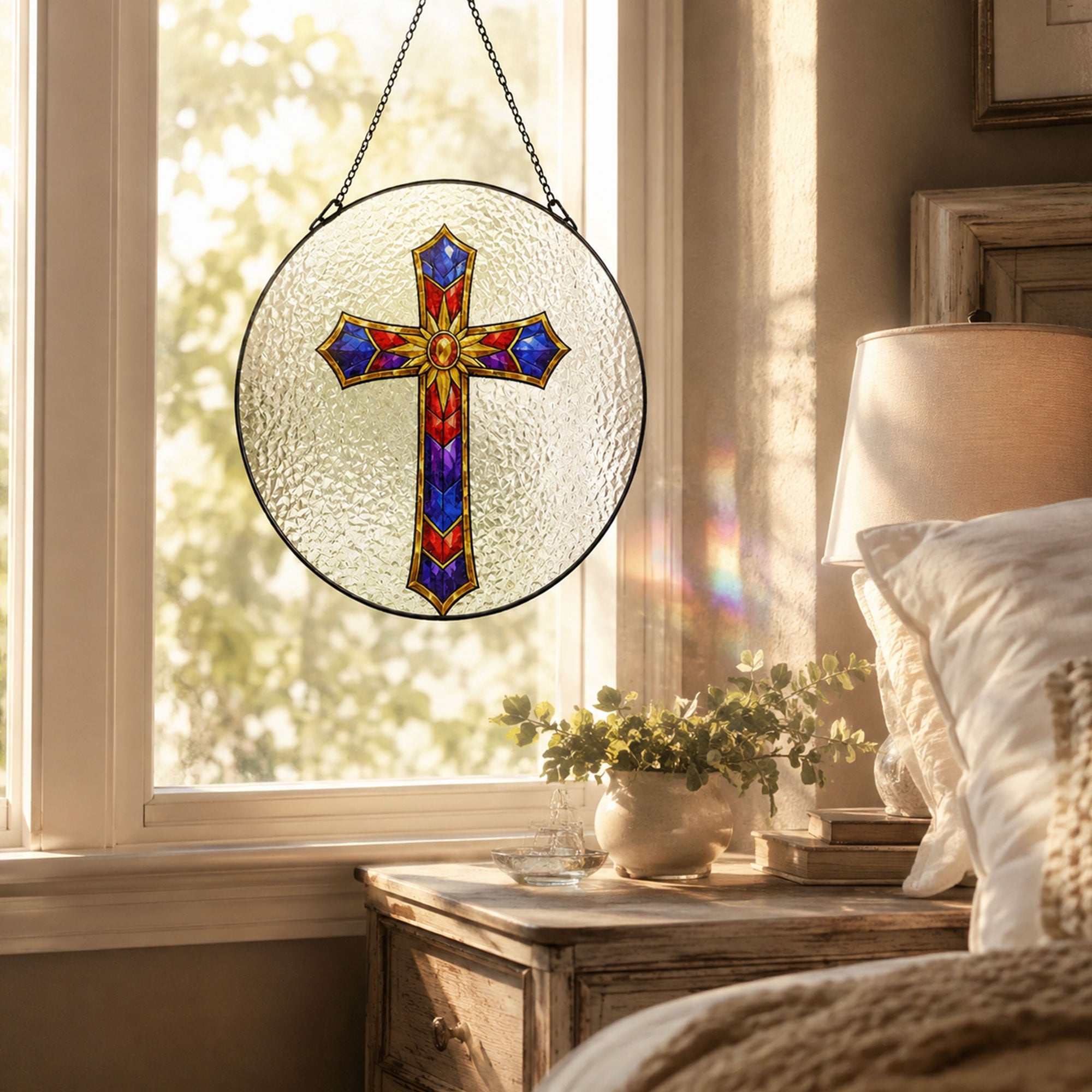 Christian Cross Suncatcher, Red Blue Purple Stained Glass Window Hanging, Faith Home Decor