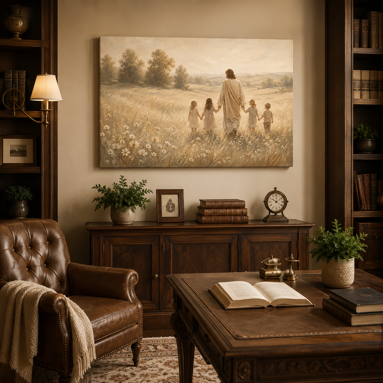 Walking in His Footsteps Jesus with Children Canvas Print, Christian Home Decor
