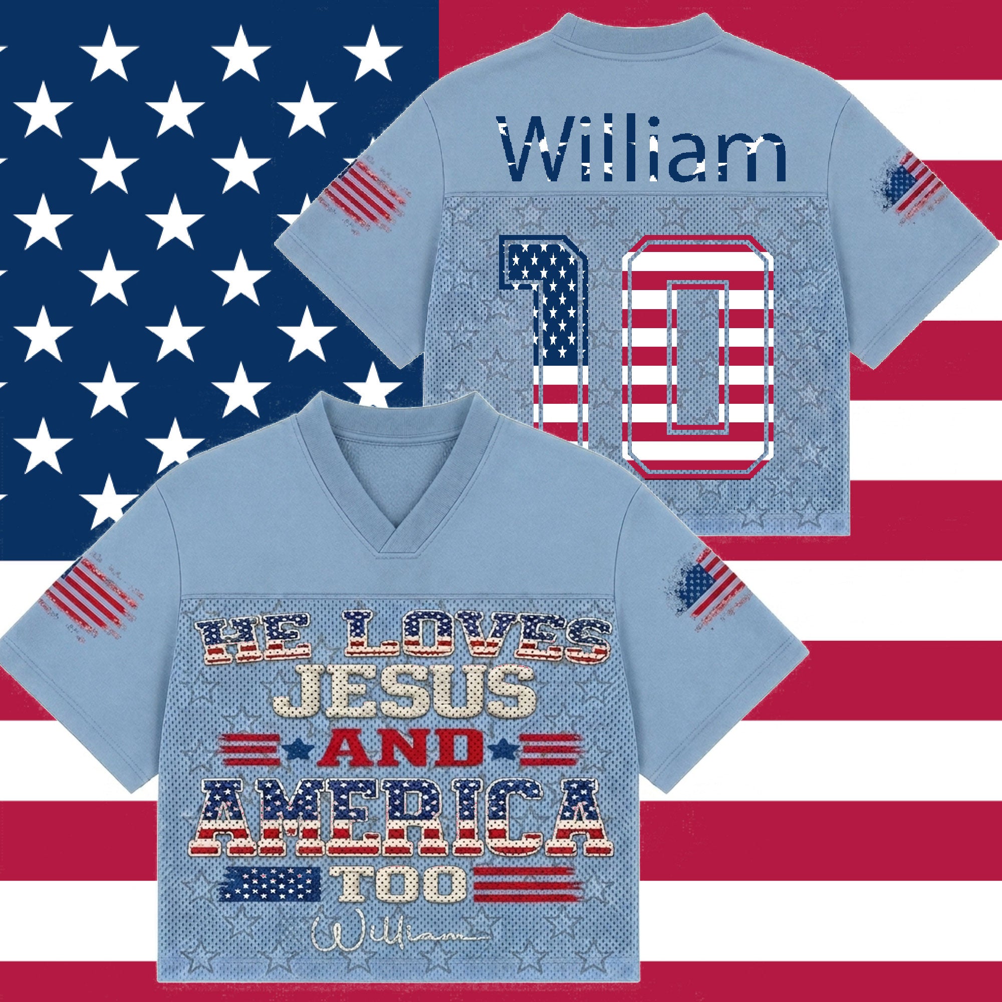 Personalized He Loves Jesus and America Too Mesh Jersey, Custom Name and Number Christian Apparel