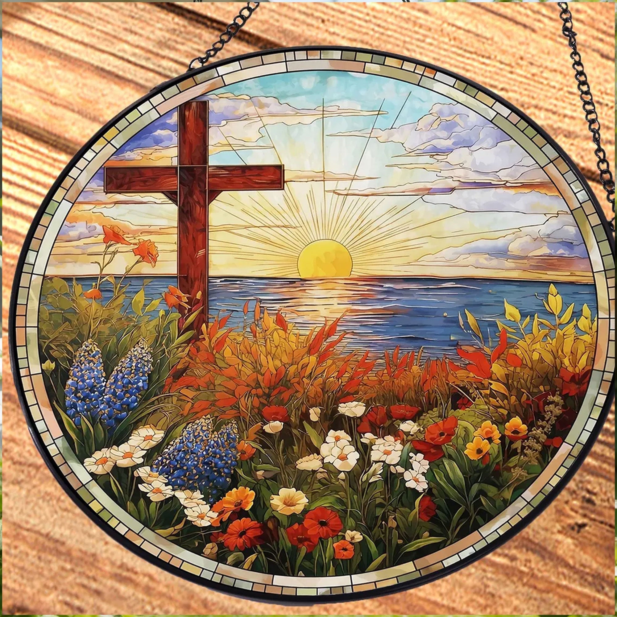 Christian Cross Sunrise Suncatcher, Ocean and Wildflower Window Hanging, Faith Inspired Home Decor