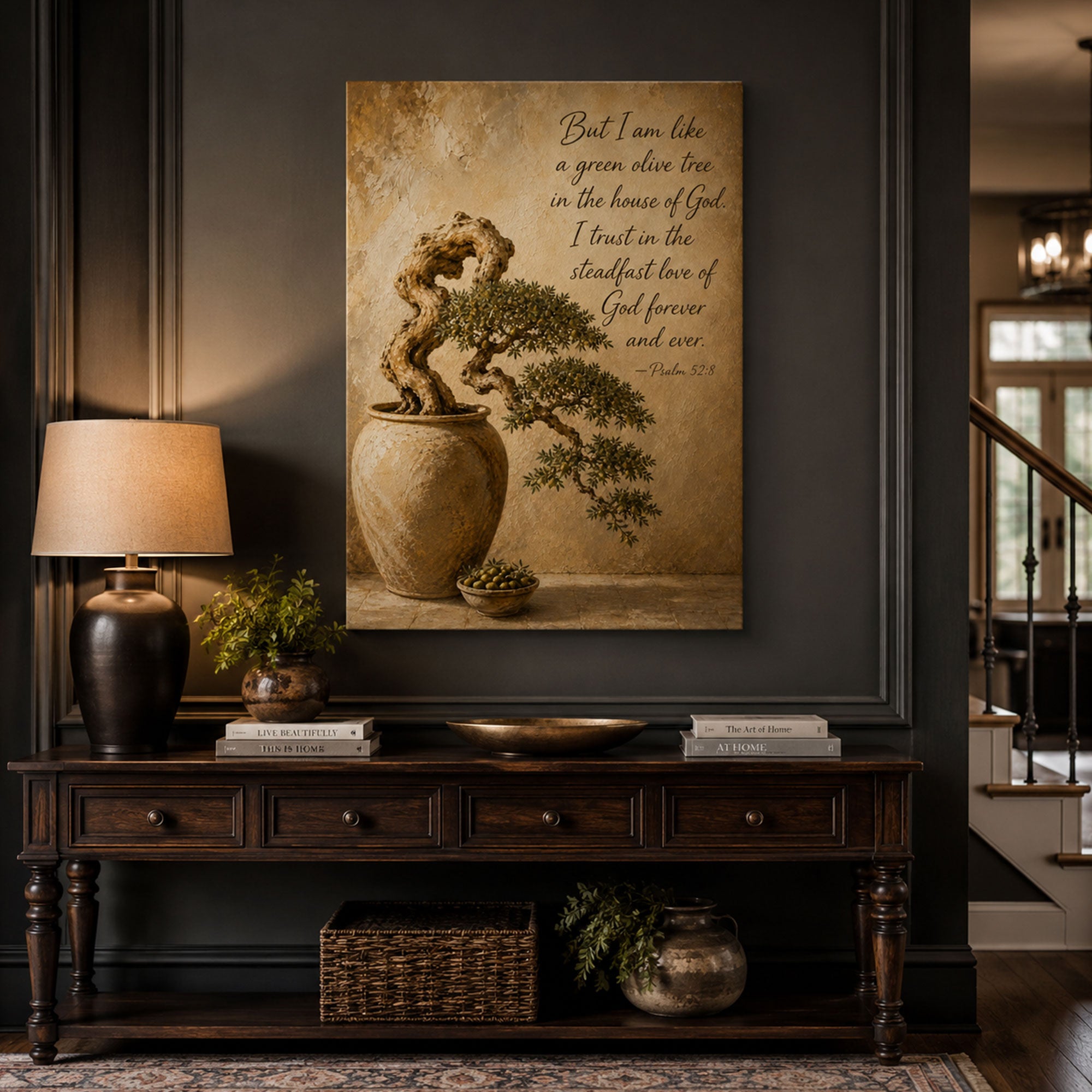 Psalm 52:8 Green Olive Tree Canvas Print, Christian Home Decor
