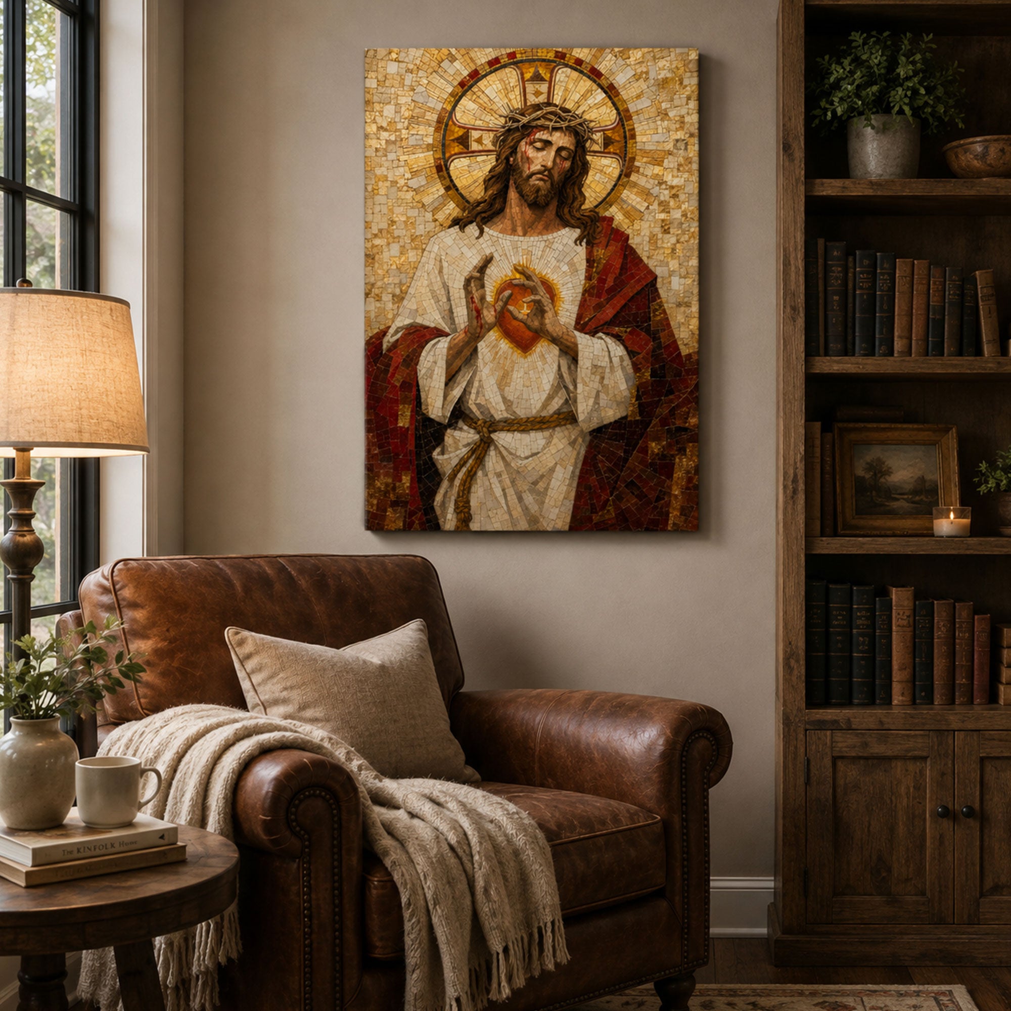 Sacred Heart of Jesus Mosaic Canvas Print, Catholic Home Decor