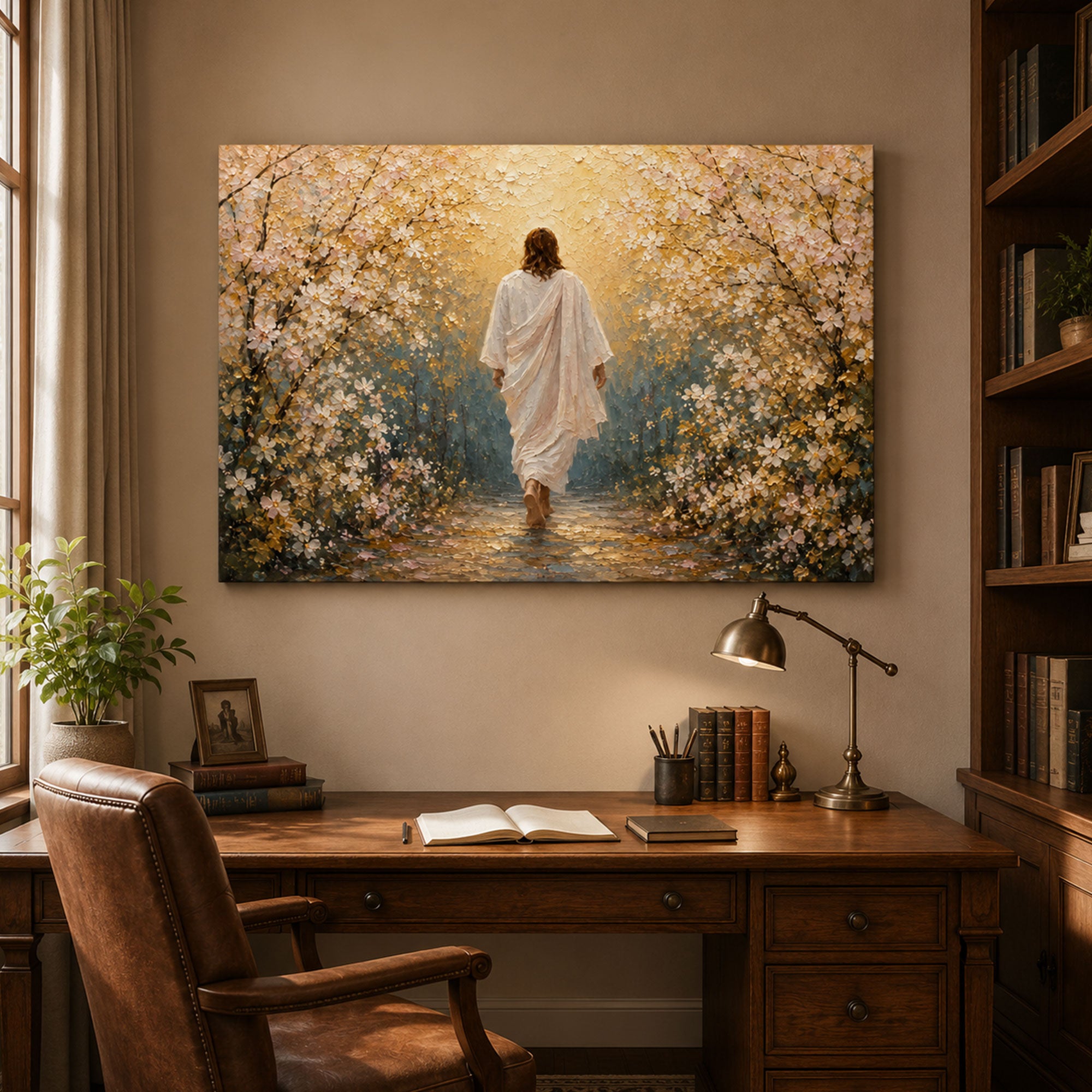 Jesus Leading the Way Canvas Print, Walk With Jesus Christian Wall Art, Floral Faith Journey Painting, Inspirational Religious Home Decor
