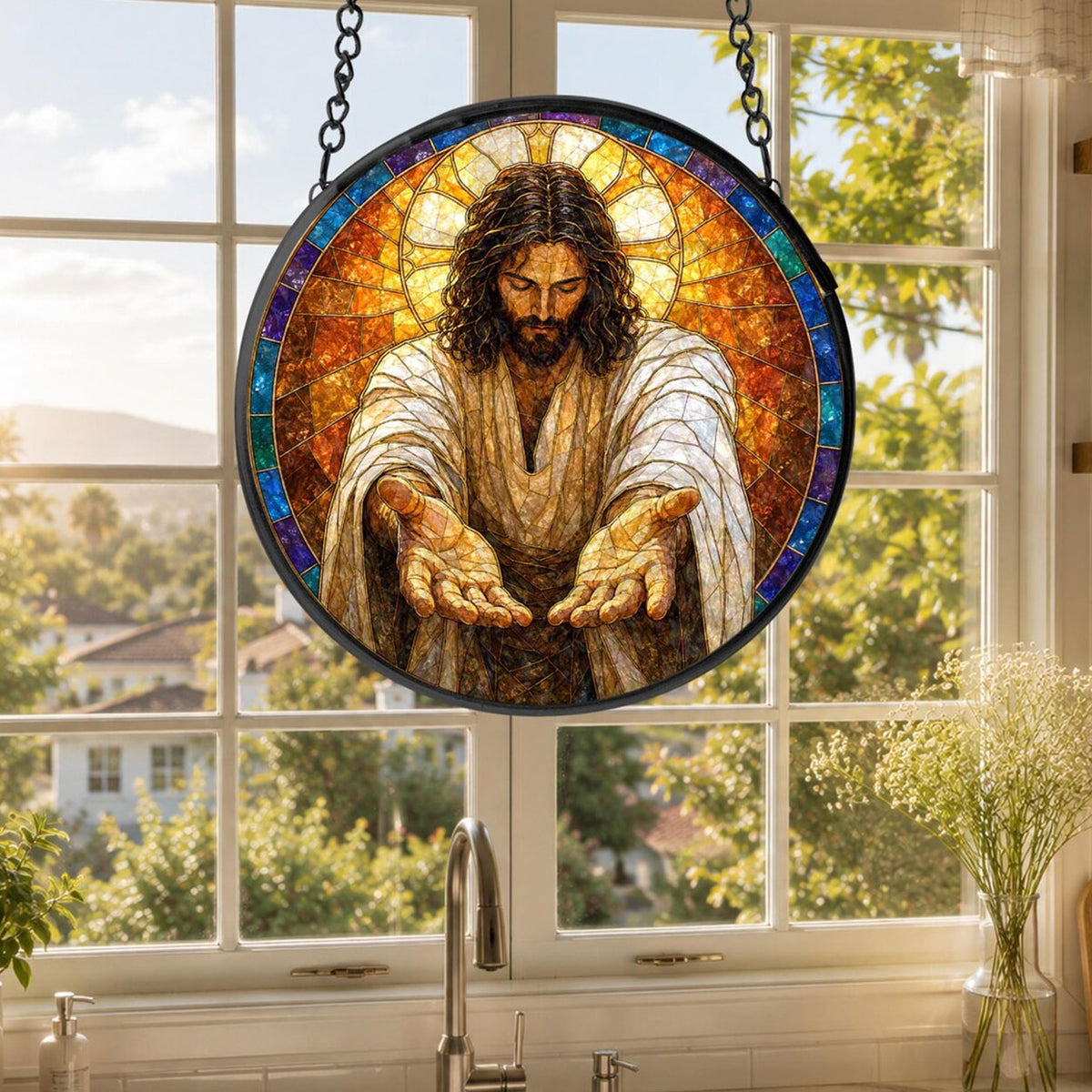 Jesus Open Hands Suncatcher, Come to Me Christian Window Hanging, Catholic Faith Gift
