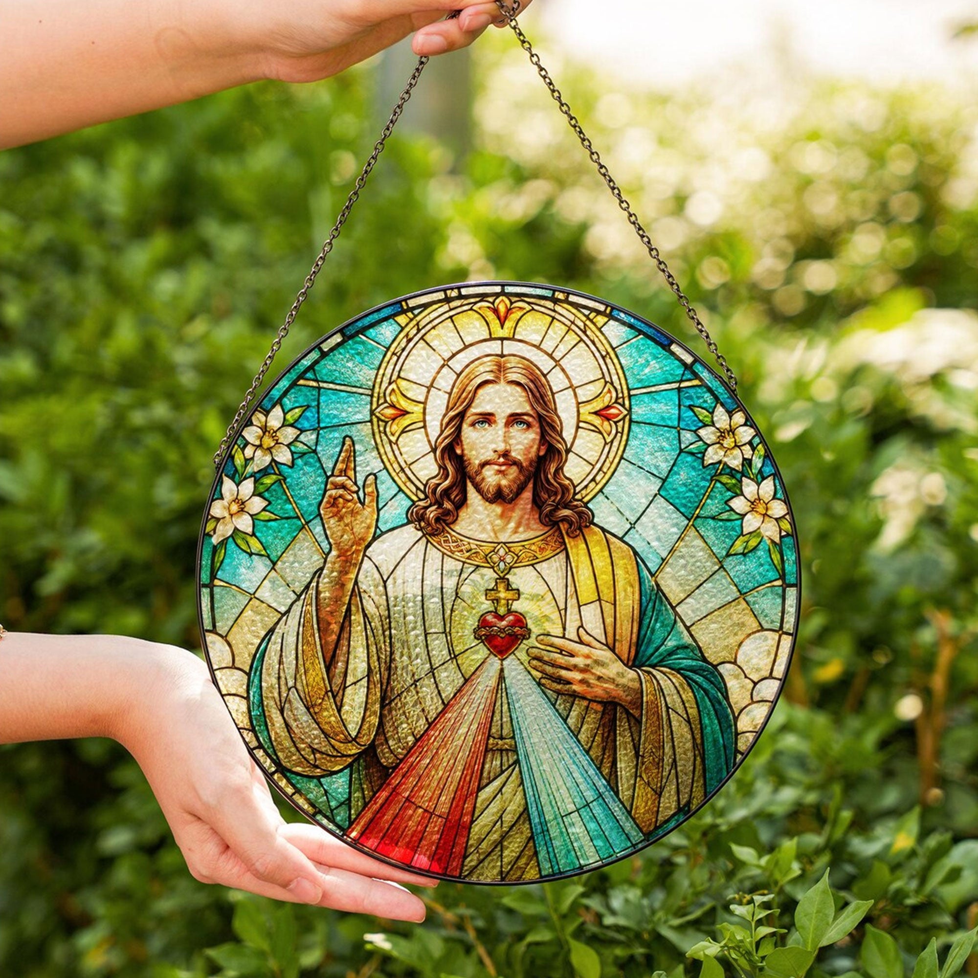 Divine Mercy Jesus Suncatcher, Sacred Heart Catholic Window Hanging, Christian Religious Gift