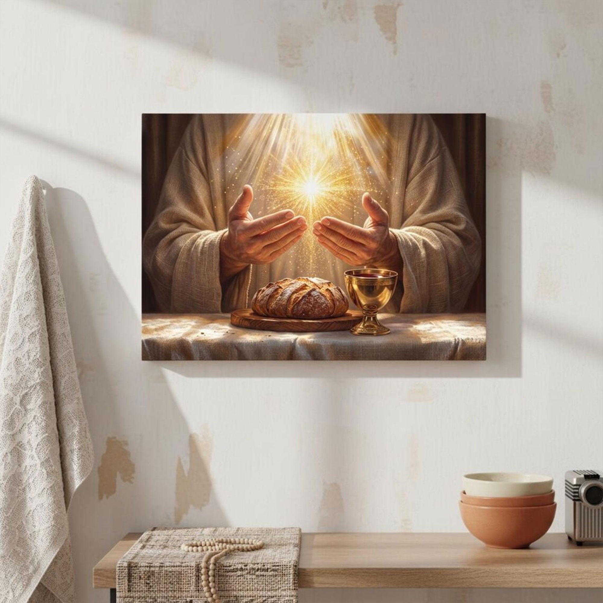 Golden Light Eucharist Canvas Art, Abstract Christian Wall Decor, Catholic Religious Painting, Spiritual Home Decor, Inspirational Faith Gift