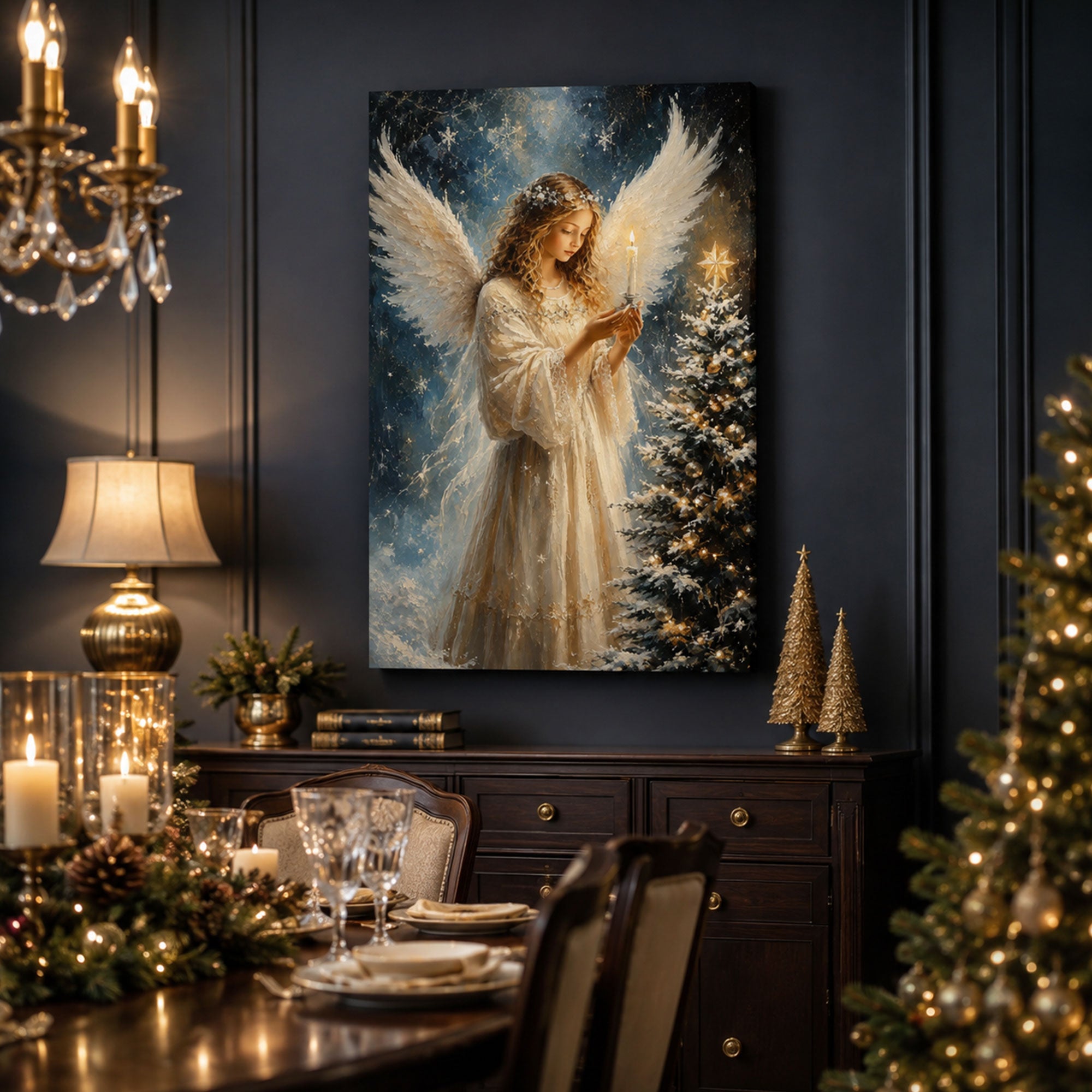 Christmas Angel Candlelight Canvas Print, Heavenly Winter Wall Art, Christian Home Decor