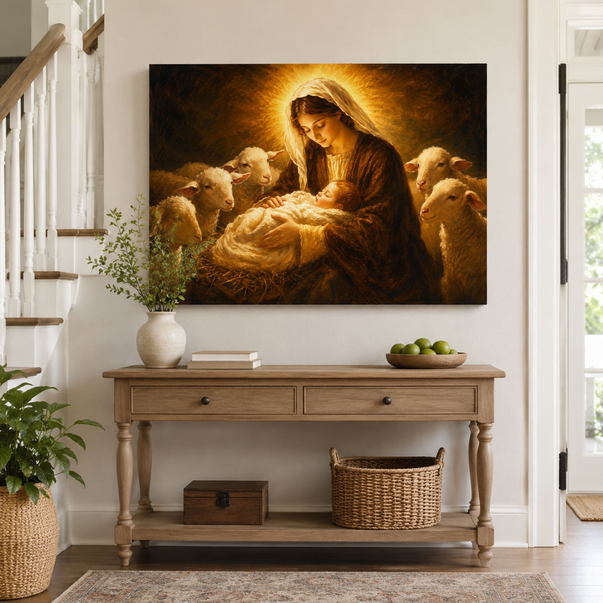 Virgin Mary with Newborn Jesus and Lambs Canvas Print, Christian Home Decor