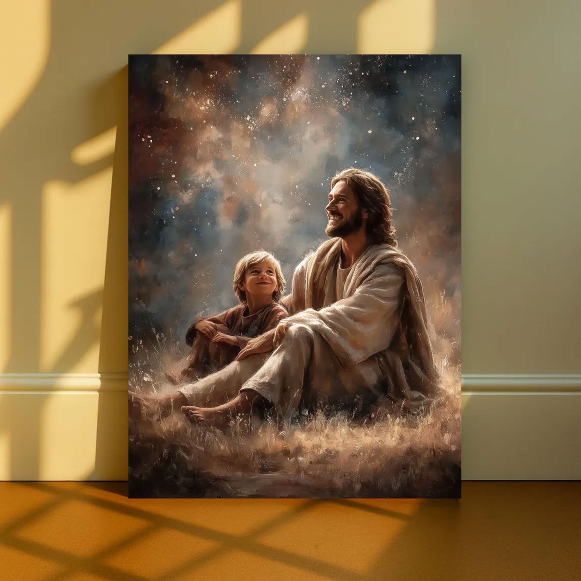Jesus with Child Under Stars Canvas Wall Art, Spiritual Faith Painting, Religious Home Decor