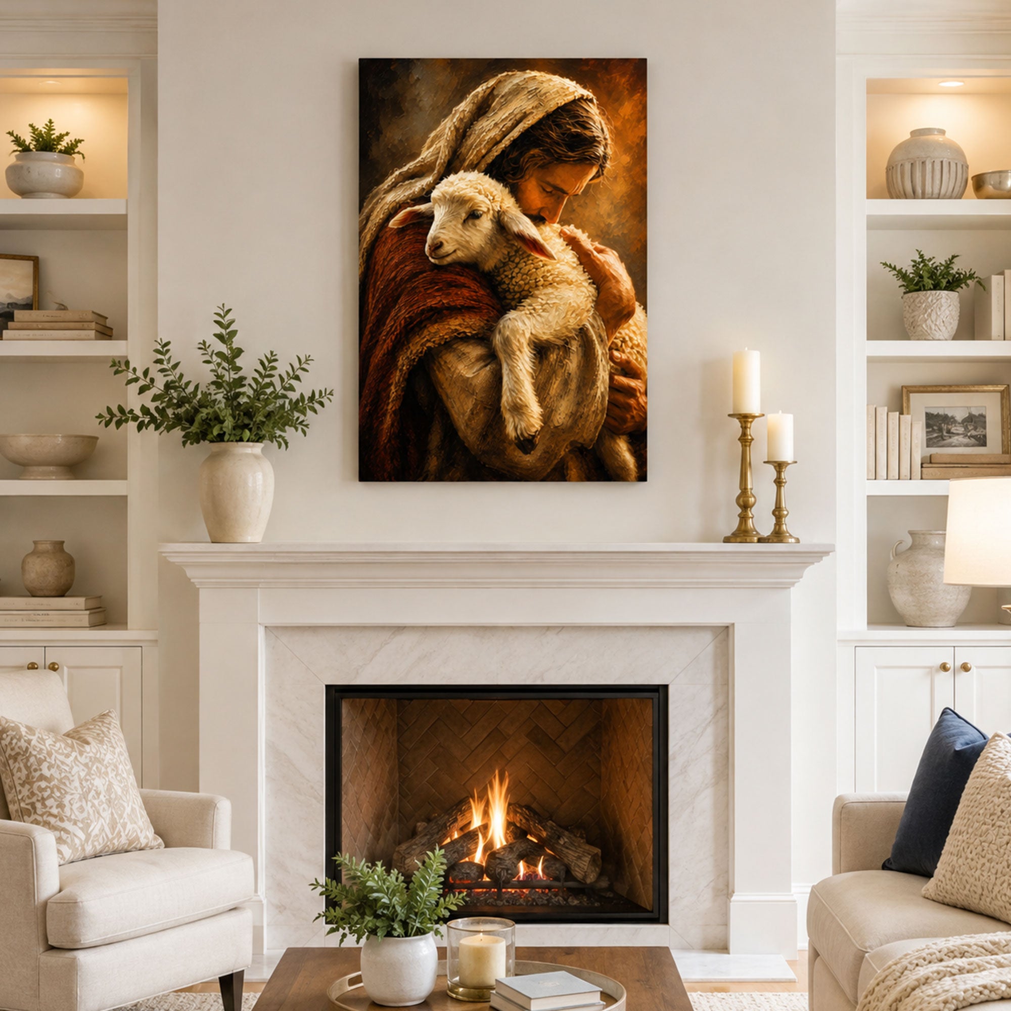 Good Shepherd Embracing the Rescued Lamb Canvas Print, Christian Home Decor