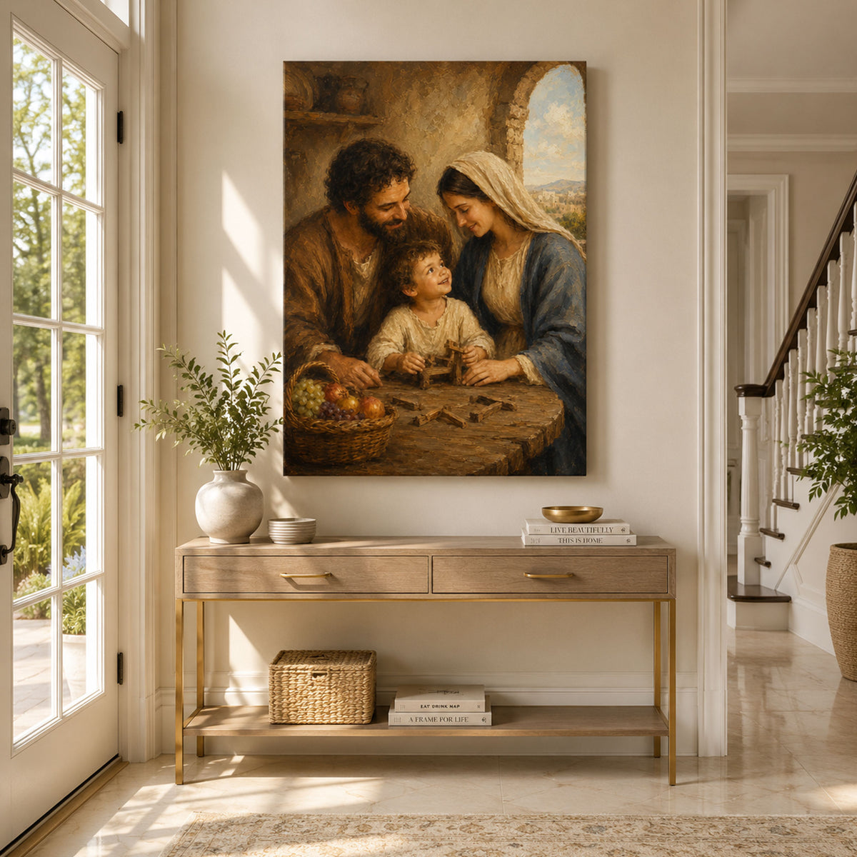Holy Family at Nazareth Canvas Print, Saint Joseph Mary and Child Jesus Catholic Wall Decor, Faith Gift