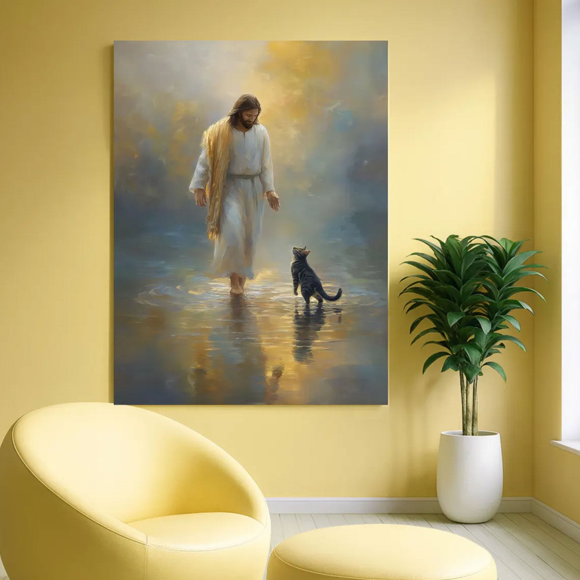 Jesus and Cat Canvas Wall Art, Peaceful Christian Home Decor, Religious Animal Painting,Gifts for cat lovers