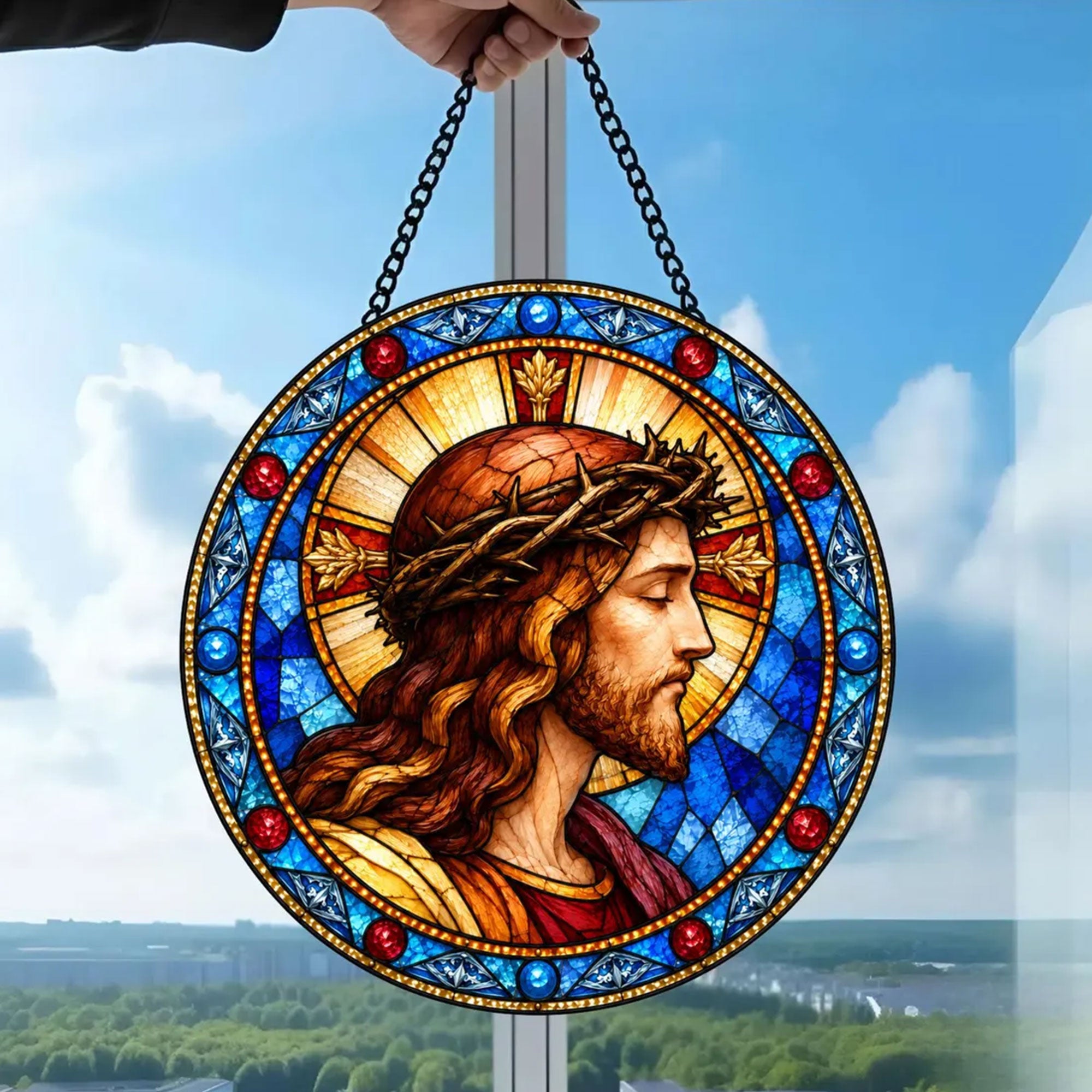 Jesus Crown of Thorns Suncatcher, Catholic Window Hanging, Christian Religious Gift