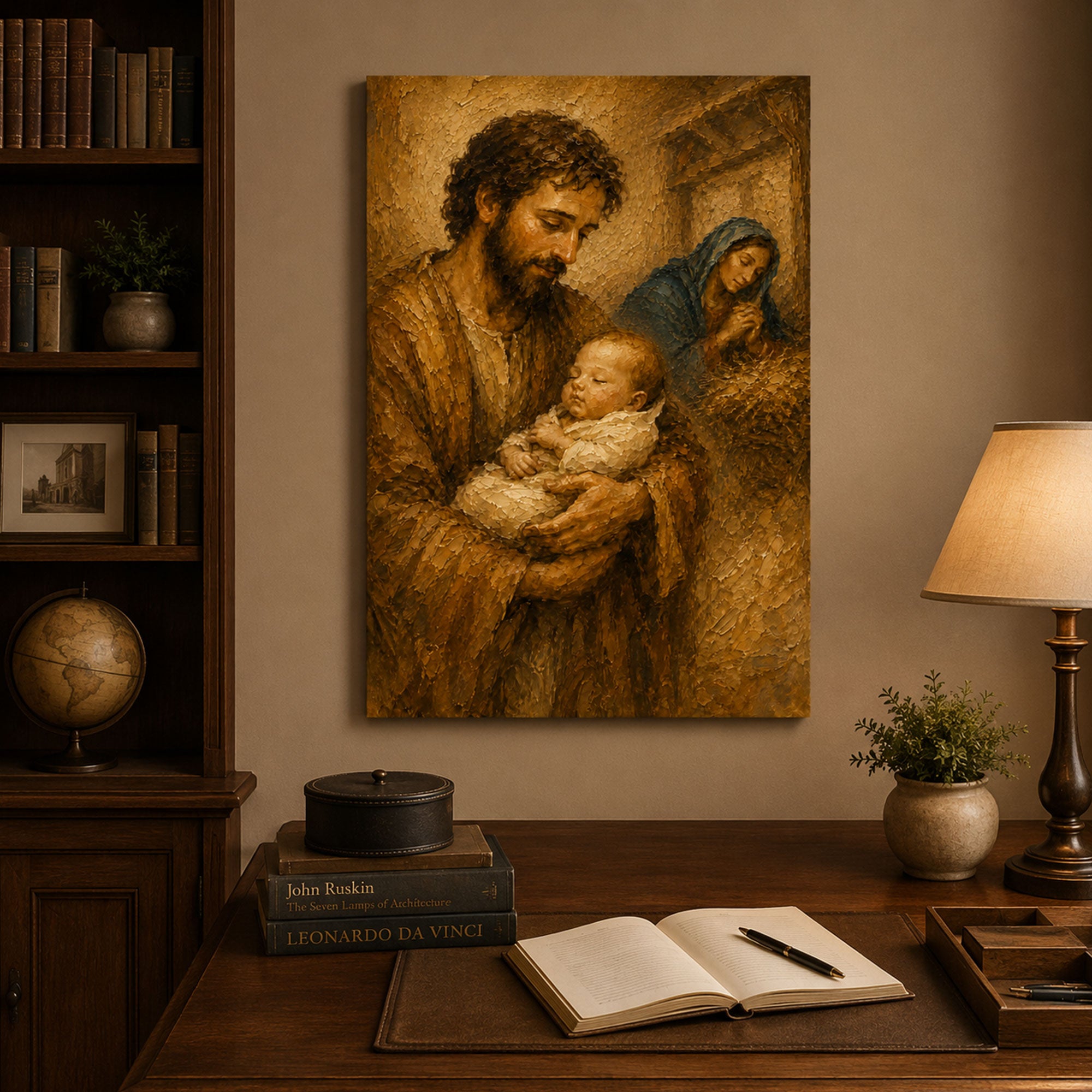 St. Joseph Holding Sleeping Baby Jesus Canvas Print, Holy Family Wall Art, Catholic Family Painting, Christian Home Decor