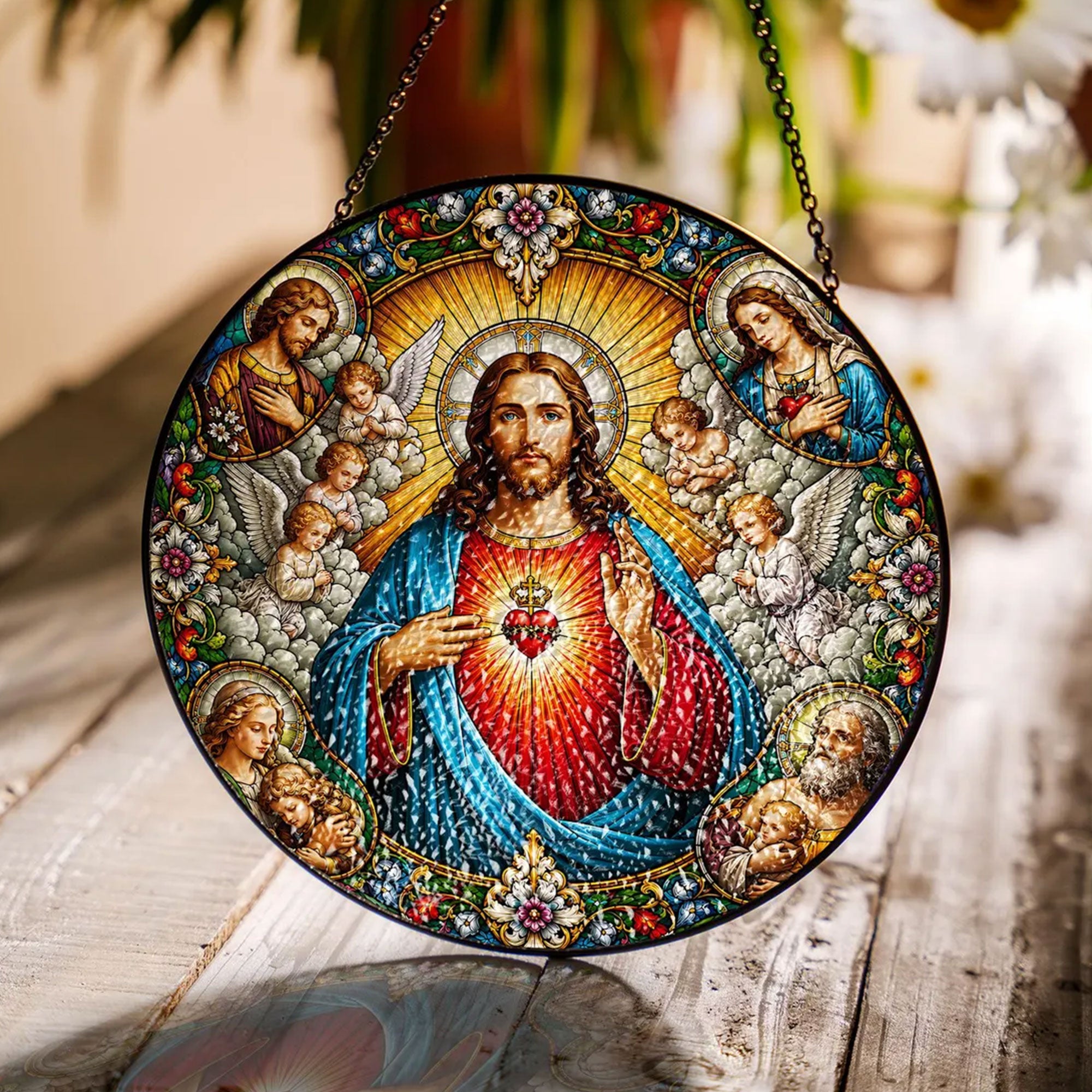 Sacred Heart of Jesus with Angels Suncatcher, Catholic Window Hanging, Christian Religious Gift
