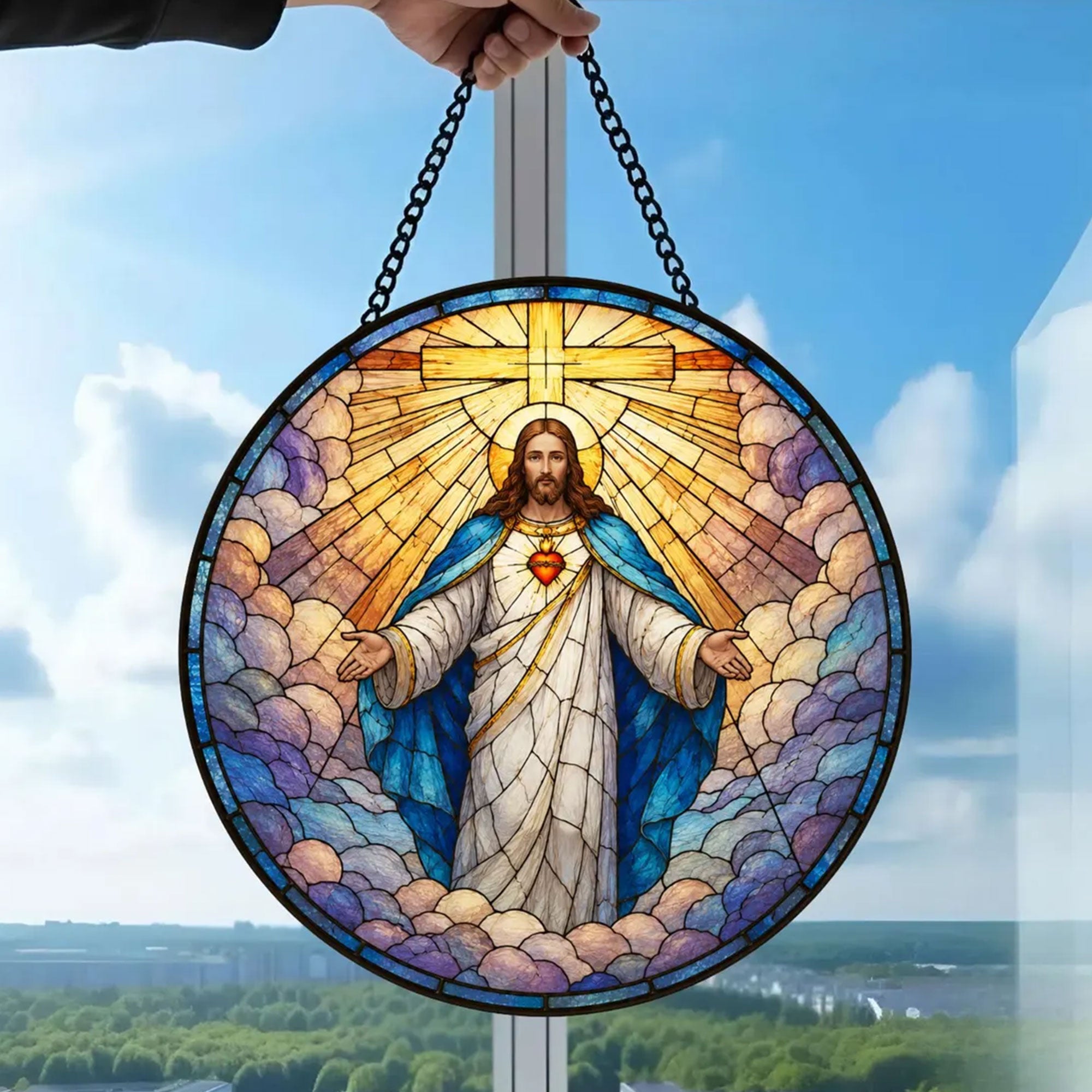 Sacred Heart of Jesus Suncatcher, Radiant Cross Catholic Window Hanging, Christian Faith Decor