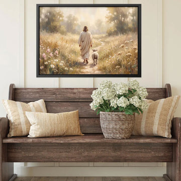 Jesus Walking With Lamb Canvas Wall Art, Christian Faith Decor, Good Shepherd Painting, Religious Home Decor