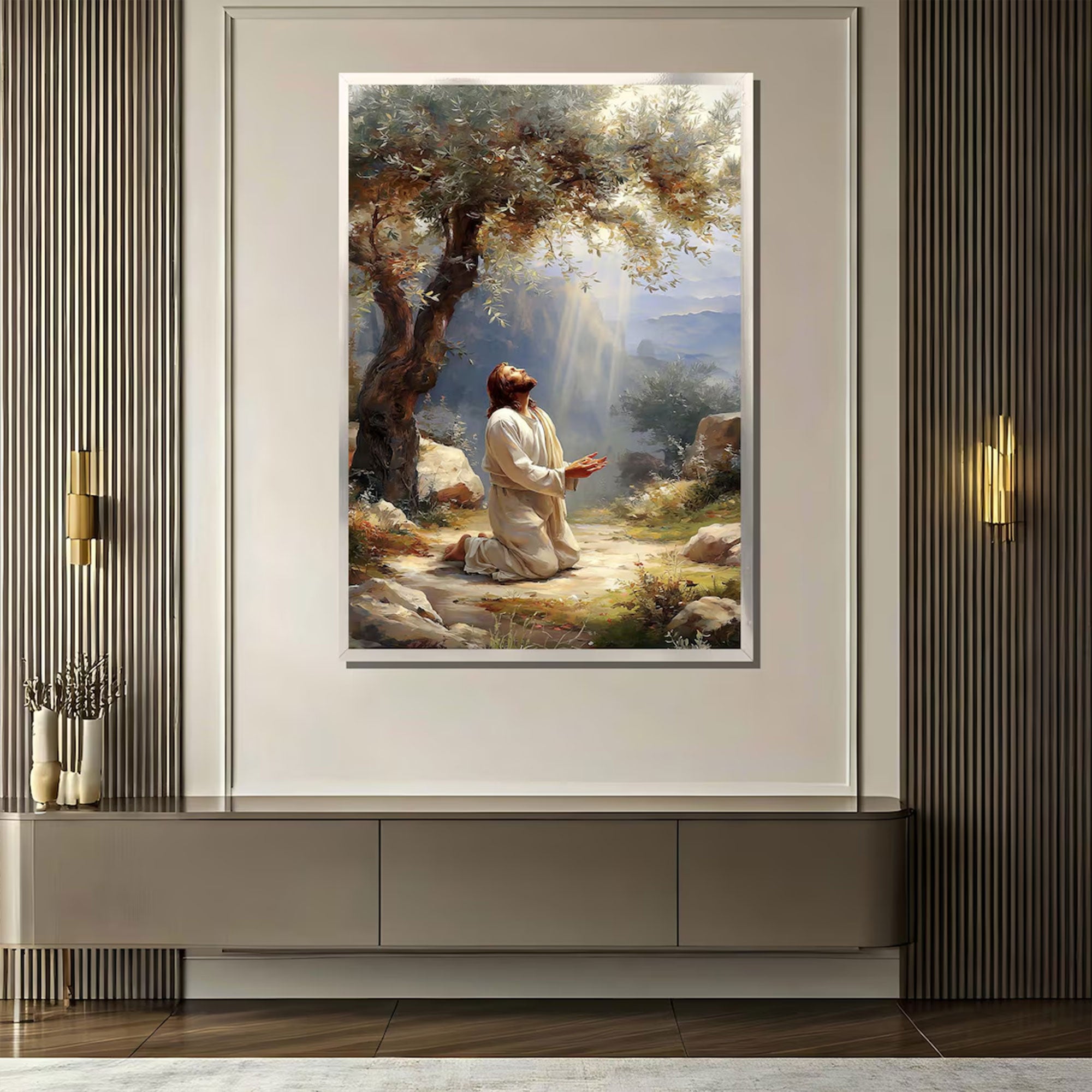 Jesus Praying Under Olive Tree Canvas Wall Art, Christian Prayer Decor, Peaceful Faith Home Gift