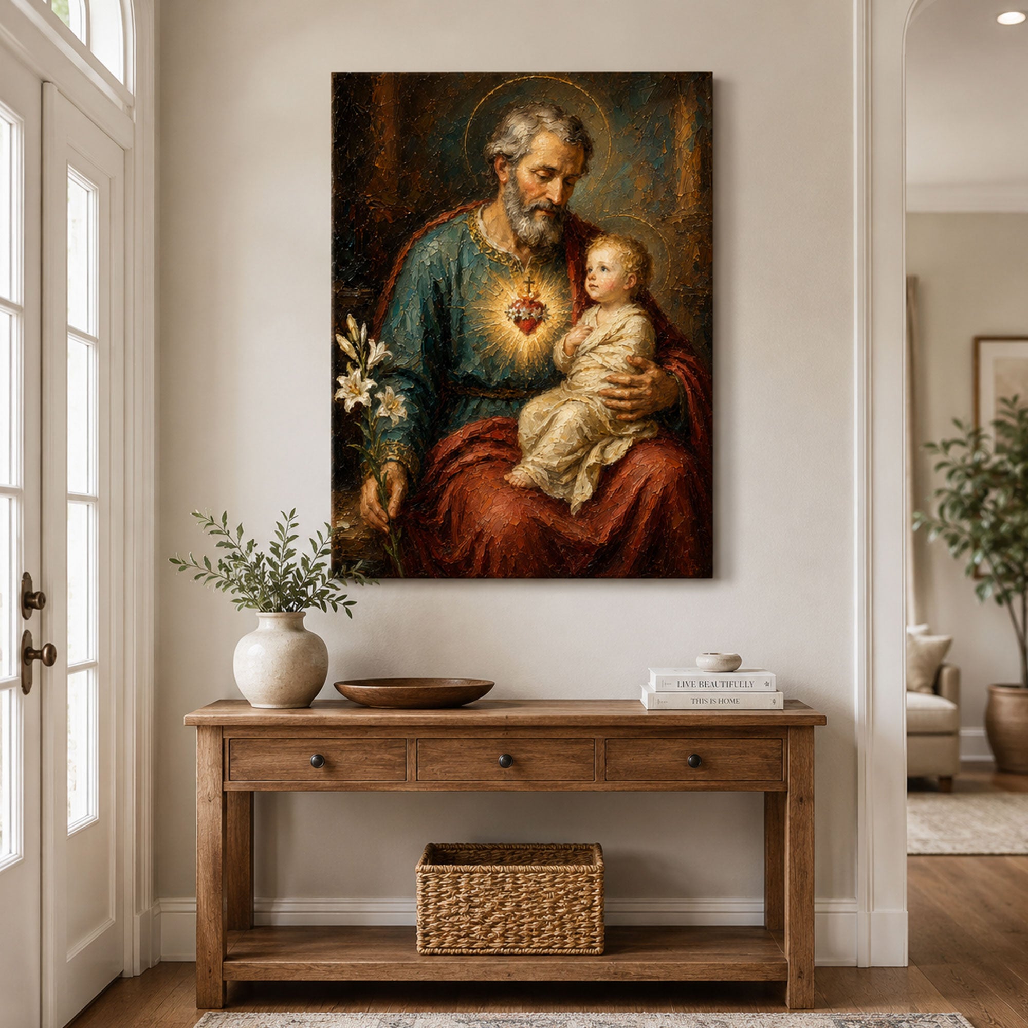St. Joseph and Child Jesus Canvas Print, Sacred Heart Catholic Wall Art, Patron of Families Painting, Christian Home Decor