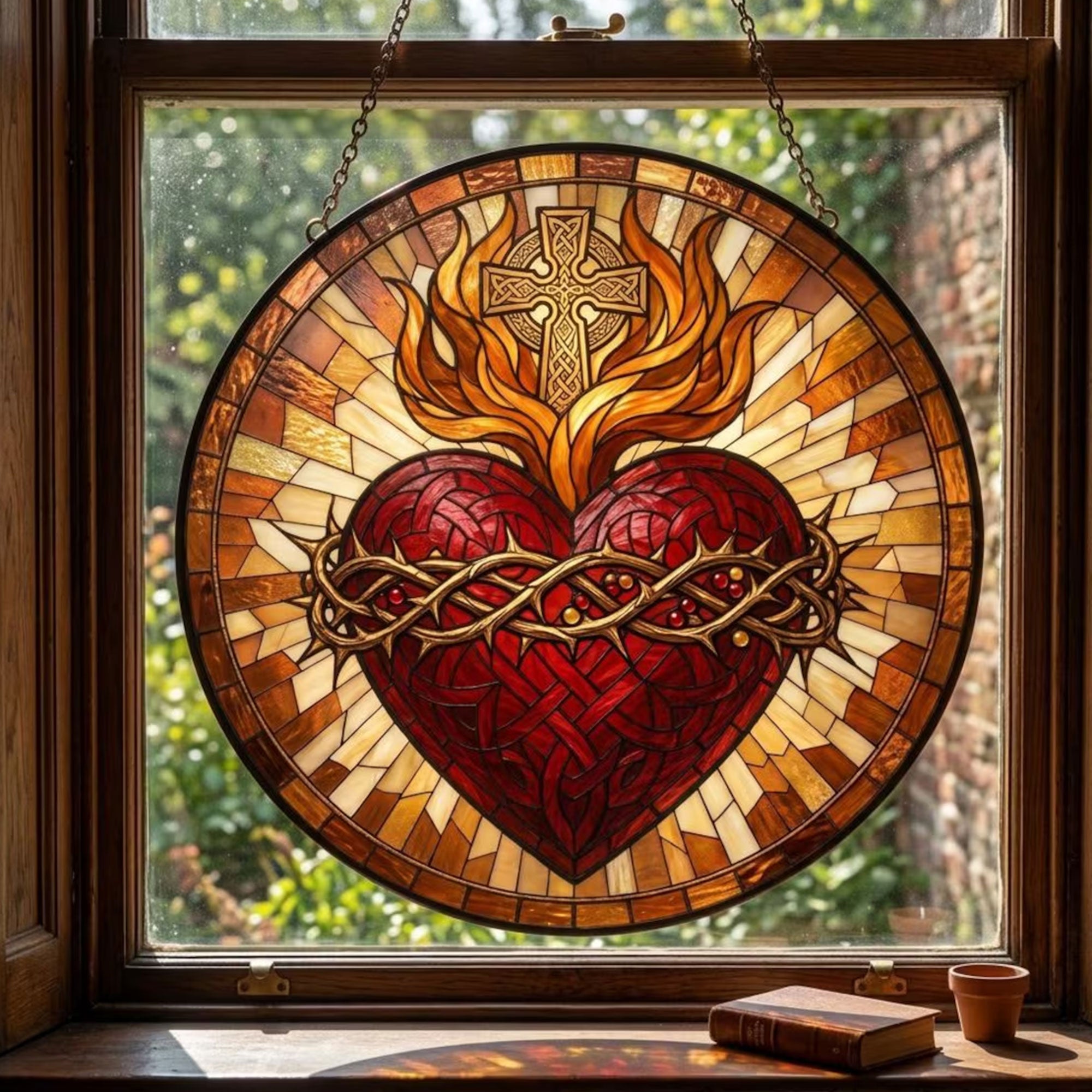 Sacred Heart of Jesus Suncatcher, Crown of Thorns and Cross, Catholic Window Hanging