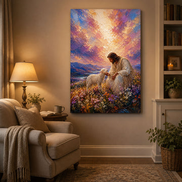 Good Shepherd Jesus Canvas Print, Jesus with Lamb Wall Art, Christian Faith Painting, Peaceful Religious Home Decor