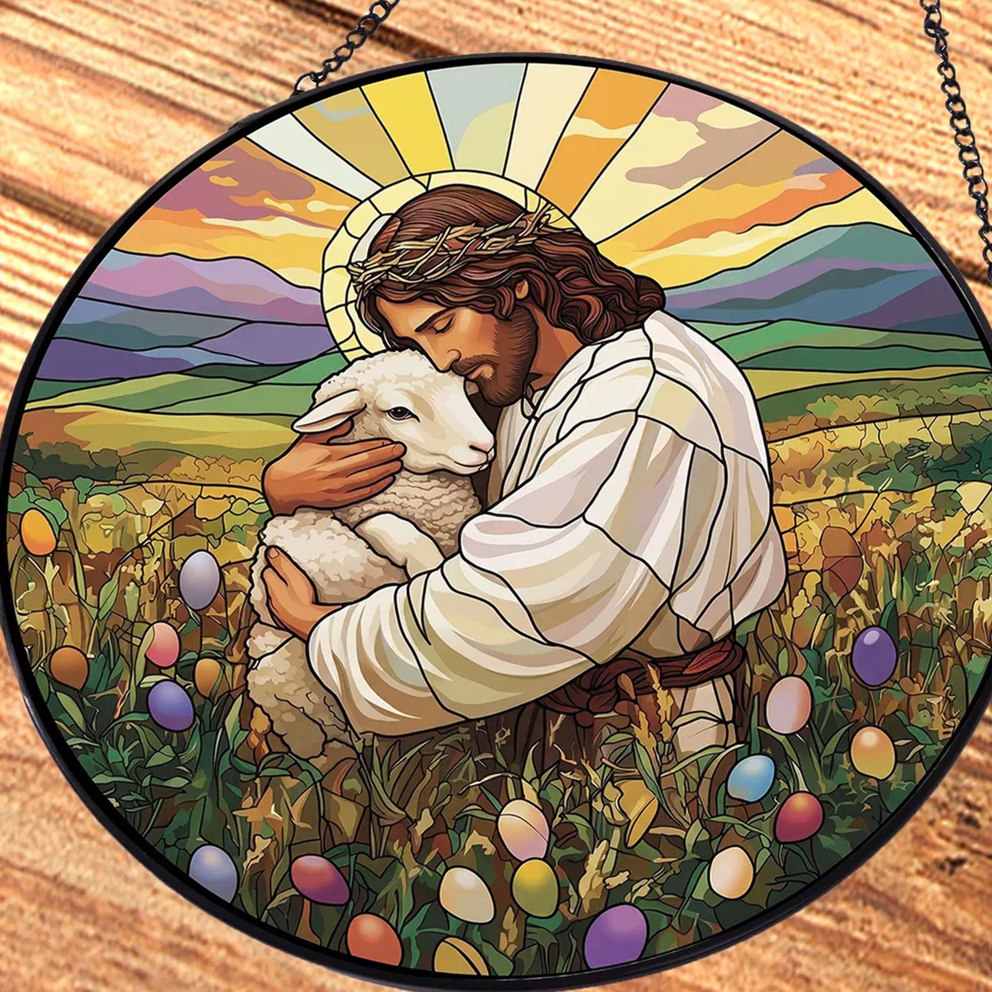 Jesus Good Shepherd Easter Suncatcher, Christ Holding Lamb Window Hanging, Christian Spring Decor