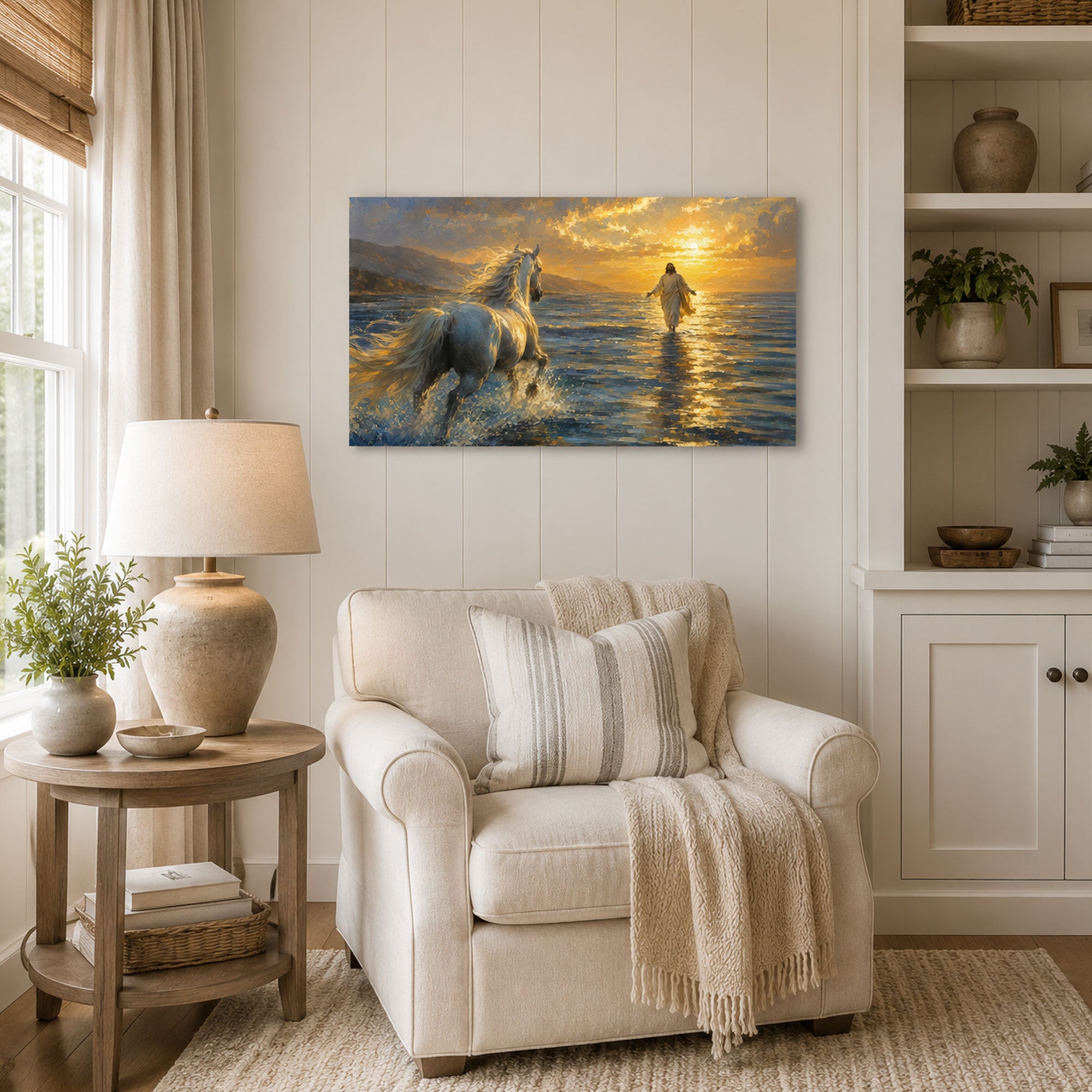 White Horse Running Toward Jesus Canvas Print, Christian Home Decor