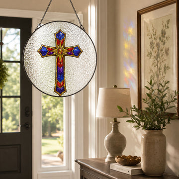 Christian Cross Suncatcher, Red Blue Purple Stained Glass Window Hanging, Faith Home Decor