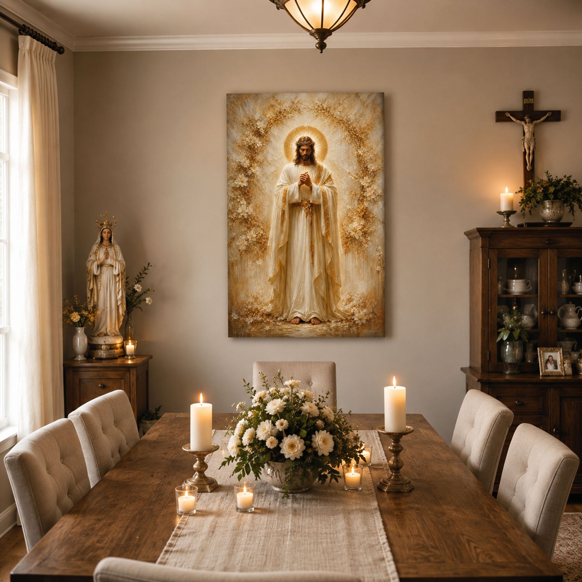 Jesus in Prayer with Crown of Thorns Canvas Print, Catholic Christian Home Decor