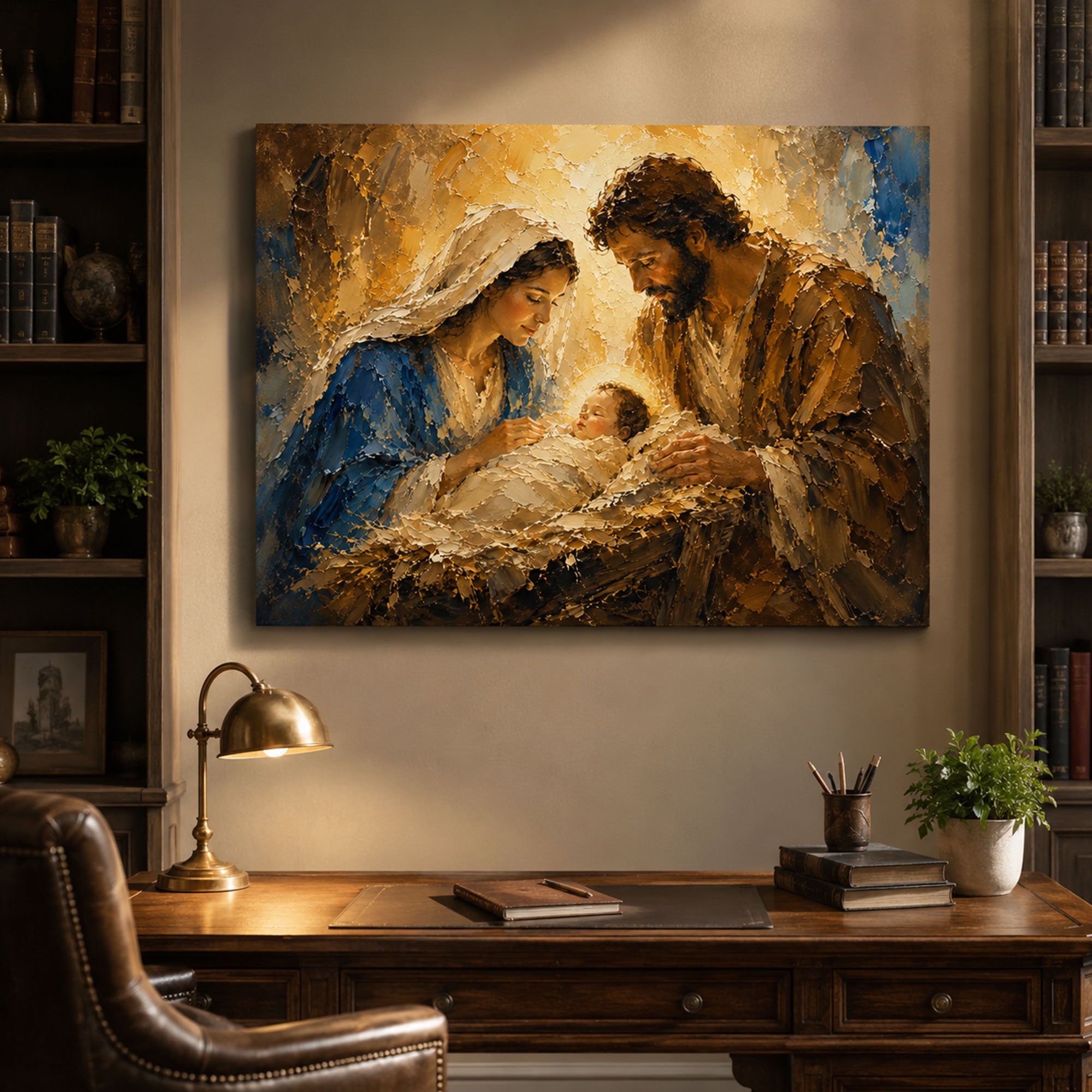 Holy Family Nativity Canvas Print, Baby Jesus in Manger Wall Art, Christmas Christian Painting, Catholic Religious Home Decor