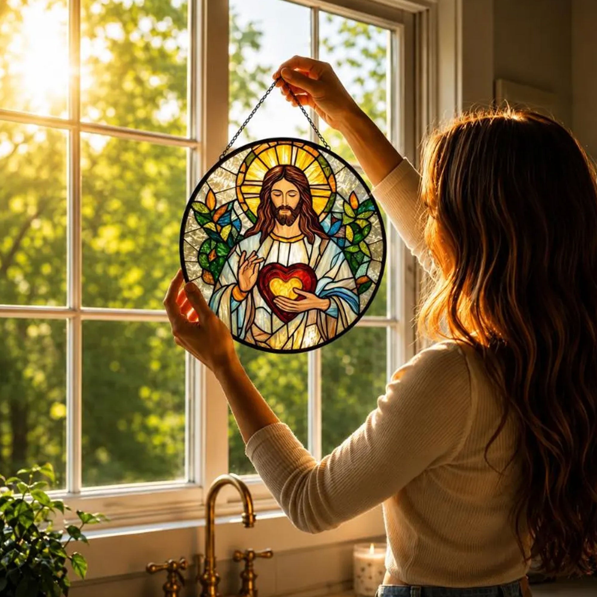 Sacred Heart of Jesus Suncatcher, Christian Window Hanging, Catholic Religious Gift for Her