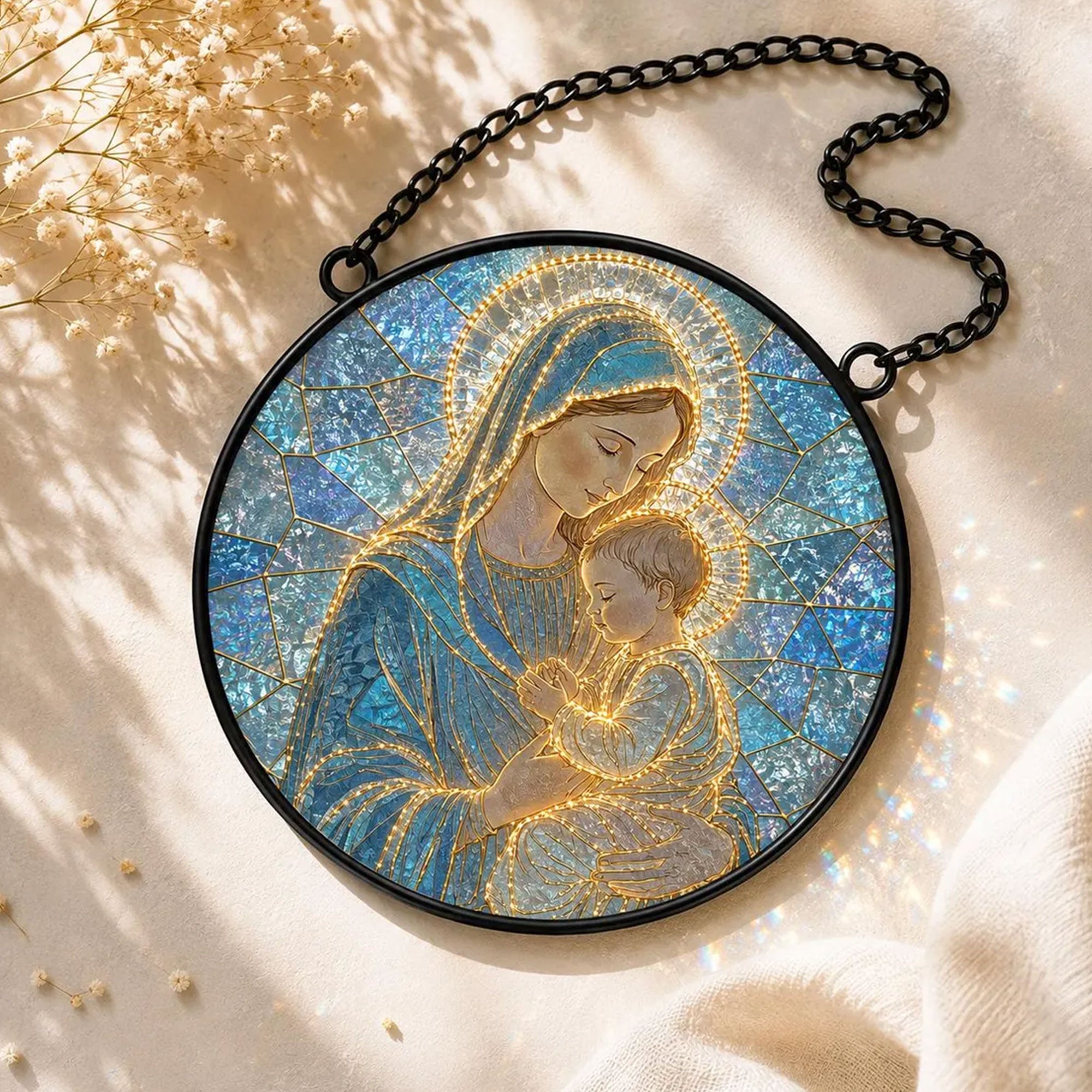 Virgin Mary and Baby Jesus Suncatcher, Holy Mother and Child Catholic Window Hanging, Christian Gift