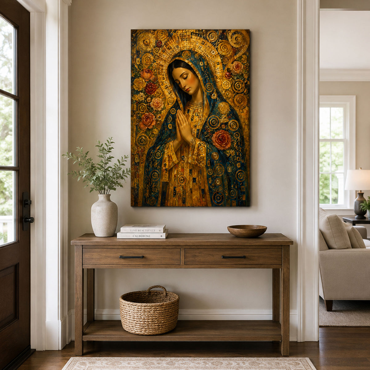 Praying Virgin Mary Canvas Print, Golden Floral Catholic Wall Decor, Marian Faith Gift