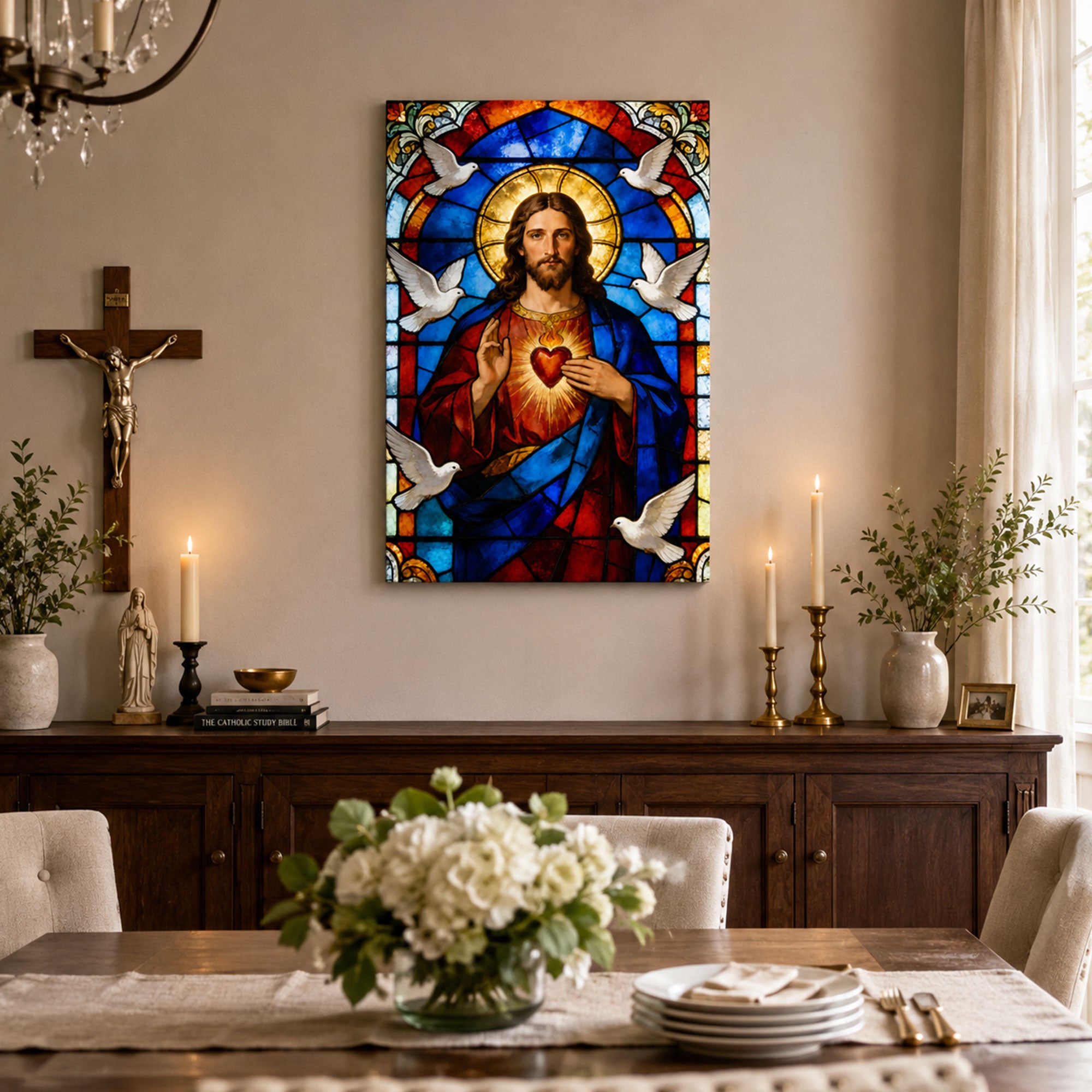 Sacred Heart of Jesus Stained Glass Canvas Print, Catholic Christian Home Decor